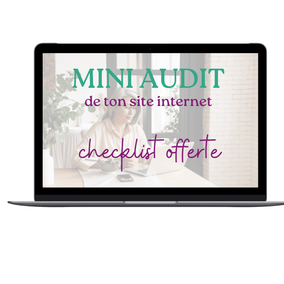 Ordinateur portable affichant une femme utilisant un ordinateur, promotion pour une mini-audit de site internet avec checklist offerte
