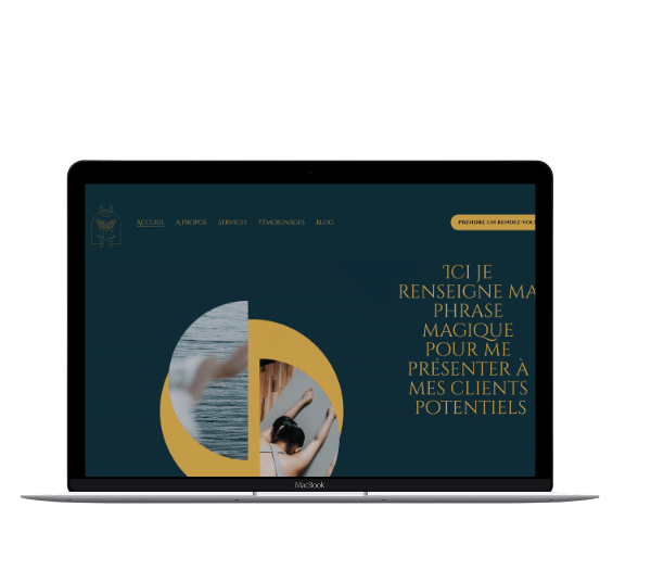 Page d'accueil d'un site web de coaching ou développement personnel sur un ordinateur portable, avec un logo en haut à gauche et un bouton en haut à droite. Texte en français sur le fond bleu foncé, mentionnant une phrase magique pour présenter aux clients potentiels.