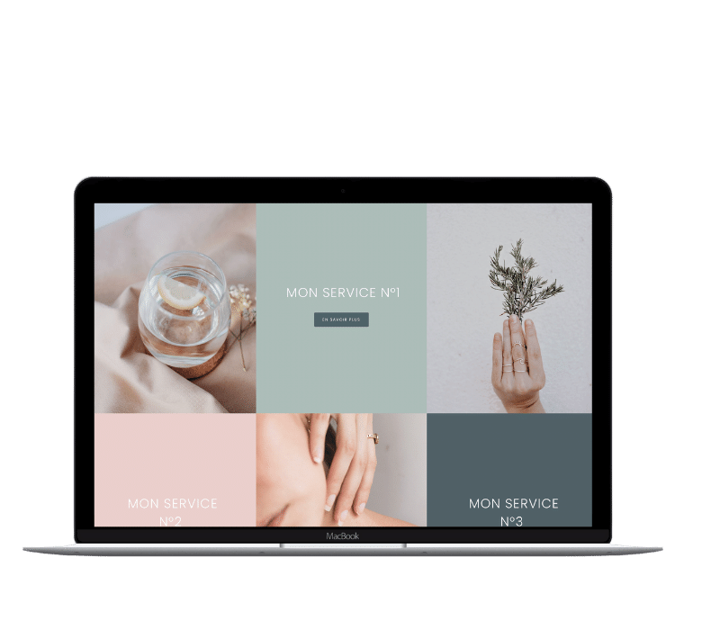 Capture d'écran d'un site web sur un ordinateur portable affichant trois services, avec images de verre d'eau, main tenant un brin de pin, et une main avec une bague, texte en français sur fond pastel.