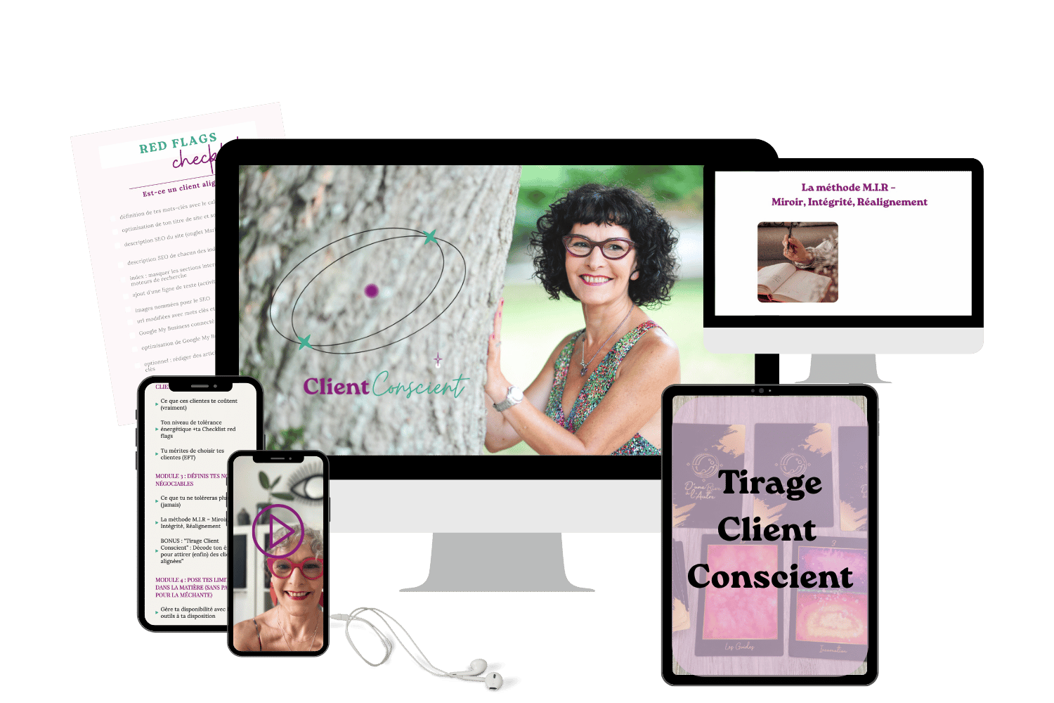 Collage d'outils numériques et documents liés à la formation Client conscient, qui permet aux entrepreneurs sensibles et atypiques d'apprendre à poser leurs limites en un après-midi