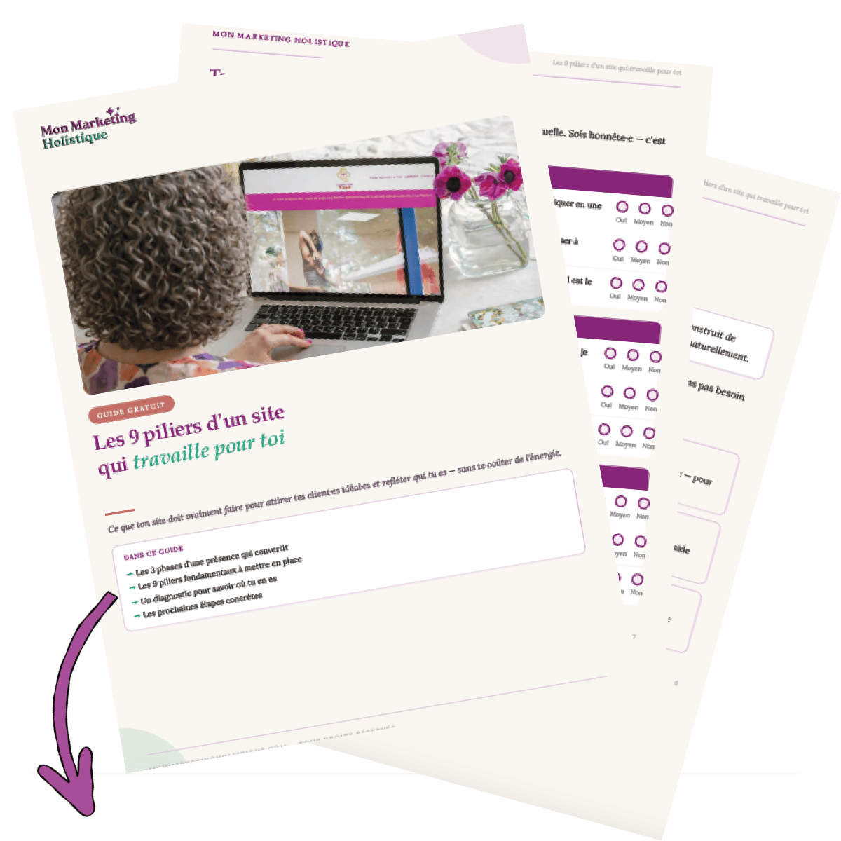 Page de guide gratuite sur les 9 piliers d'un site web, avec une image d'une personne regardant un ordinateur portable, décorée de fleurs violettes.