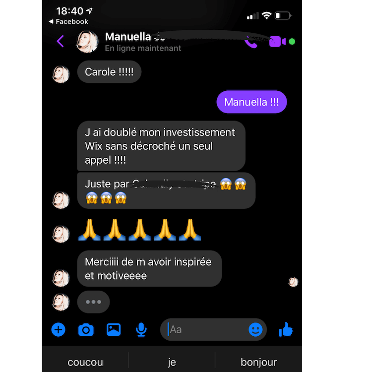 échange Messenger avec Manuella qui a rentabilisé l'investissement dans son modèle de site