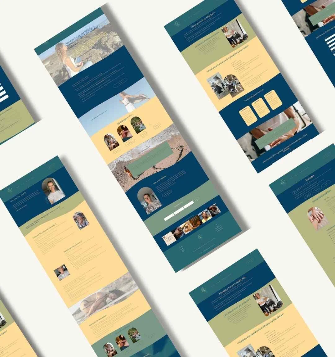 Une série de maquettes de pages web en disposition inclinée, utilisant principalement des couleurs bleu, beige et vert, avec des images de personnes et de paysages, illustrant un design de site internet professionnel.