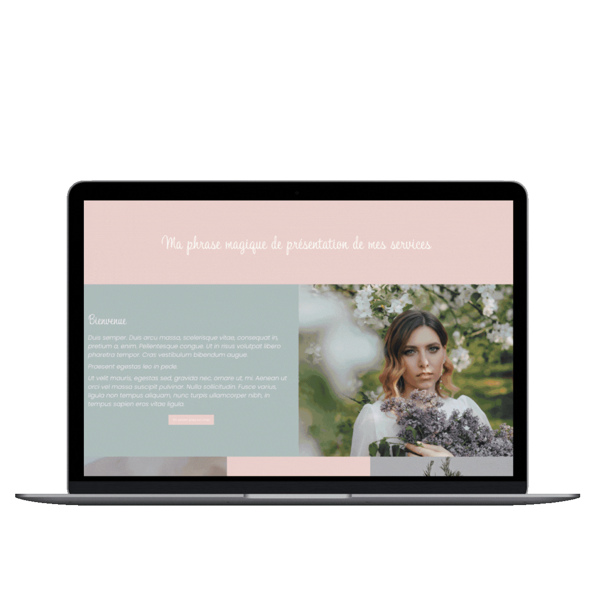 Page web de présentation avec une image d'une femme tenant un bouquet de fleurs, et un fond pastel rose et vert avec du texte en français.