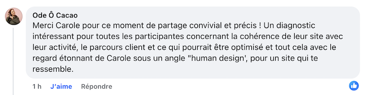 Capture d'écran d'un commentaire sur Facebook exprimant gratitude pour un partage convivial et mentionnant un regard étonnant de Carole sous un angle 'human design'.