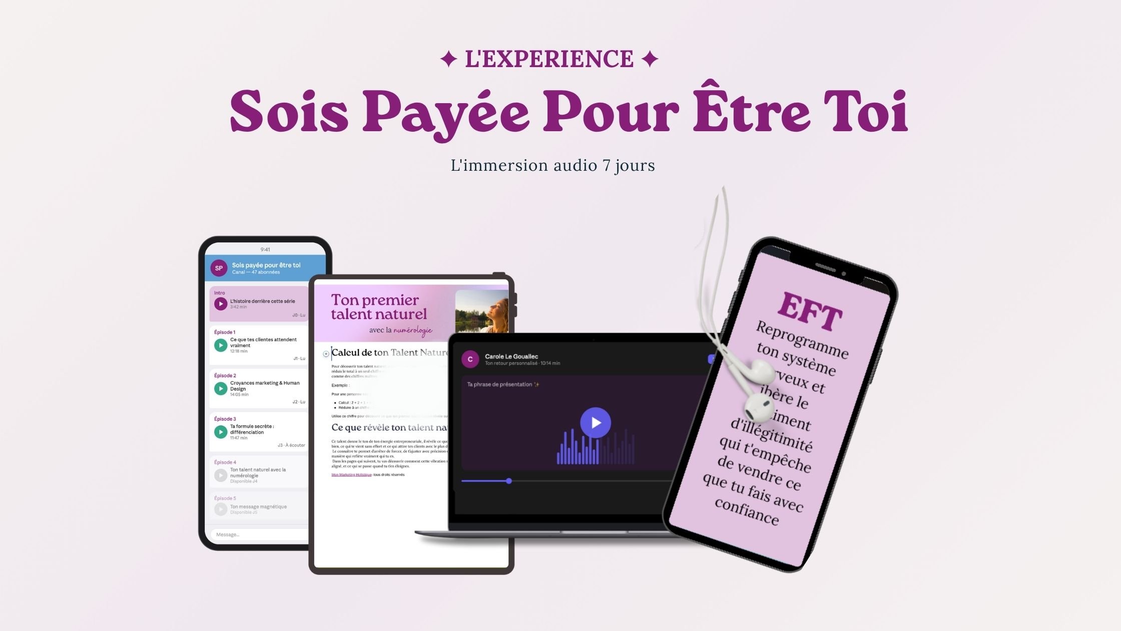 Une image montrant plusieurs appareils mobiles et un ordinateur portable affichant du contenu audio, des messages et des programmes en relation avec le développement personnel et la gestion de talents.