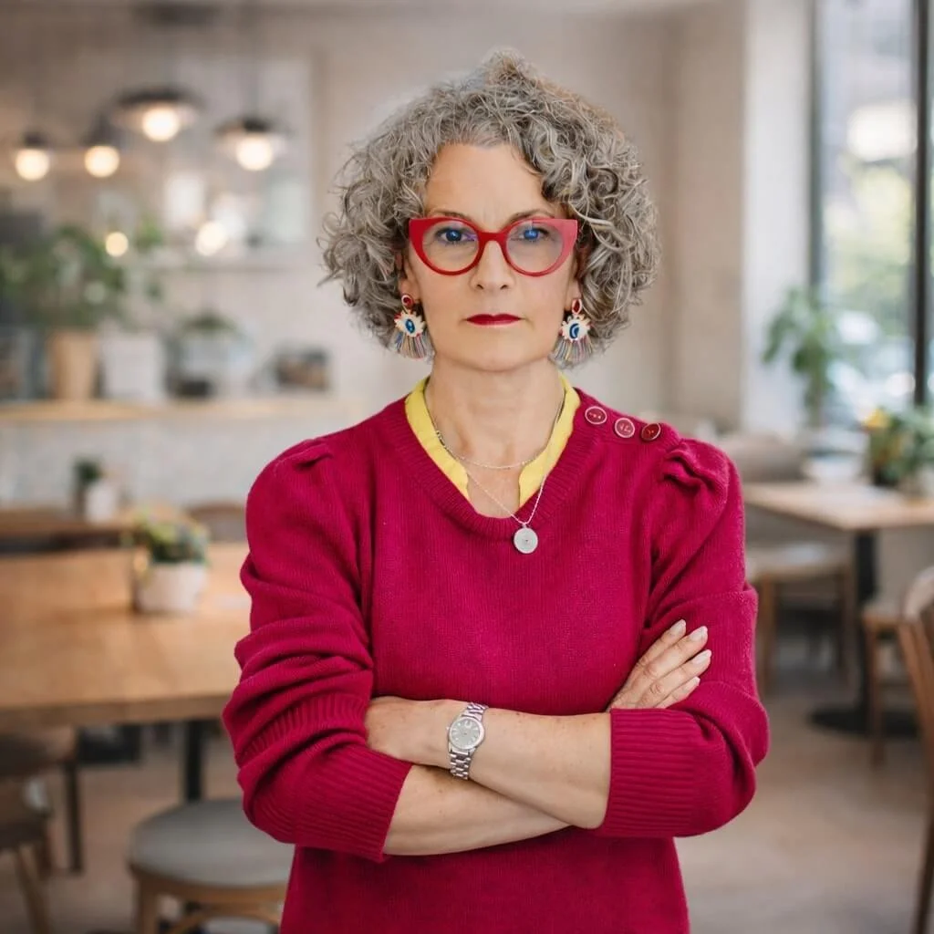 Carole portant une chemise jaune sous un pull rouge avec des épaulettes, des boucles d'oreilles colorées, une montre et un collier, debout dans un café ou restaurant moderne avec un regard sérieux.
