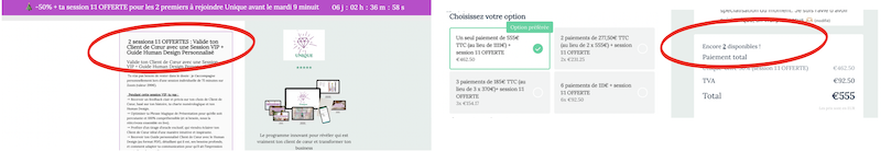 Capture d'écran d'un document de paiement en ligne montrant une offre promotionnelle, un résumé des options de paiement, un montant total de 555 euros, avec une indication de deux paiements disponibles et une section en rouge soulignant 'encore 2 disponibles, paiement total'.