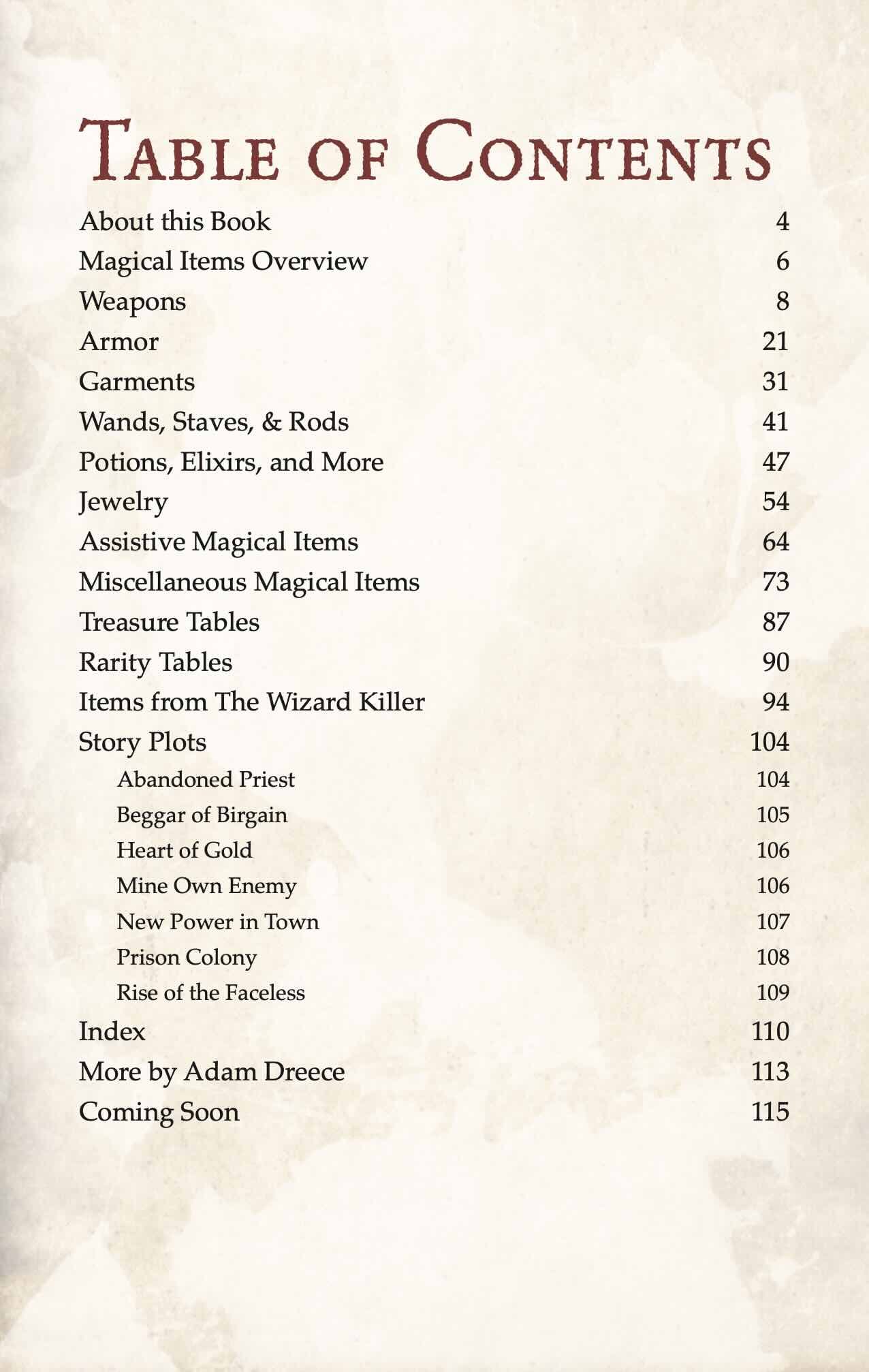 Wonderous and Perilous Treasures Volume 1 - Table of Contents.jpg