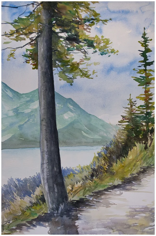 Waterton Lake landscape watercolor painting