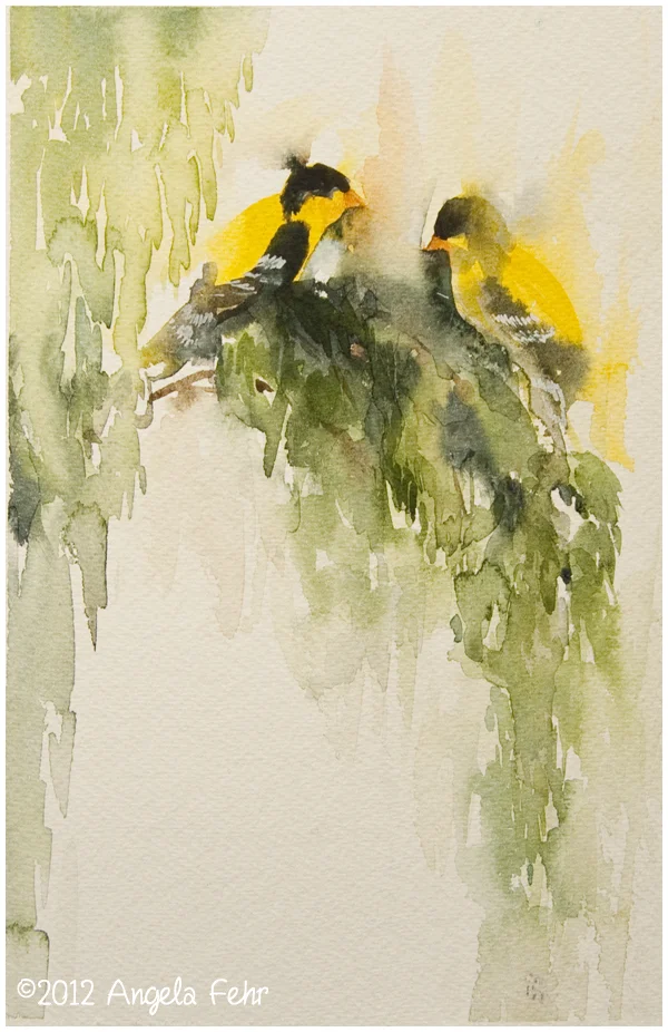 Charity Auction Day 3: Goldfinch Gossip watercolor painting.