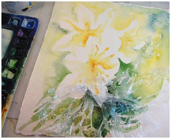 Lilies in Progress (using Salt & Cling Wrap Techniques)