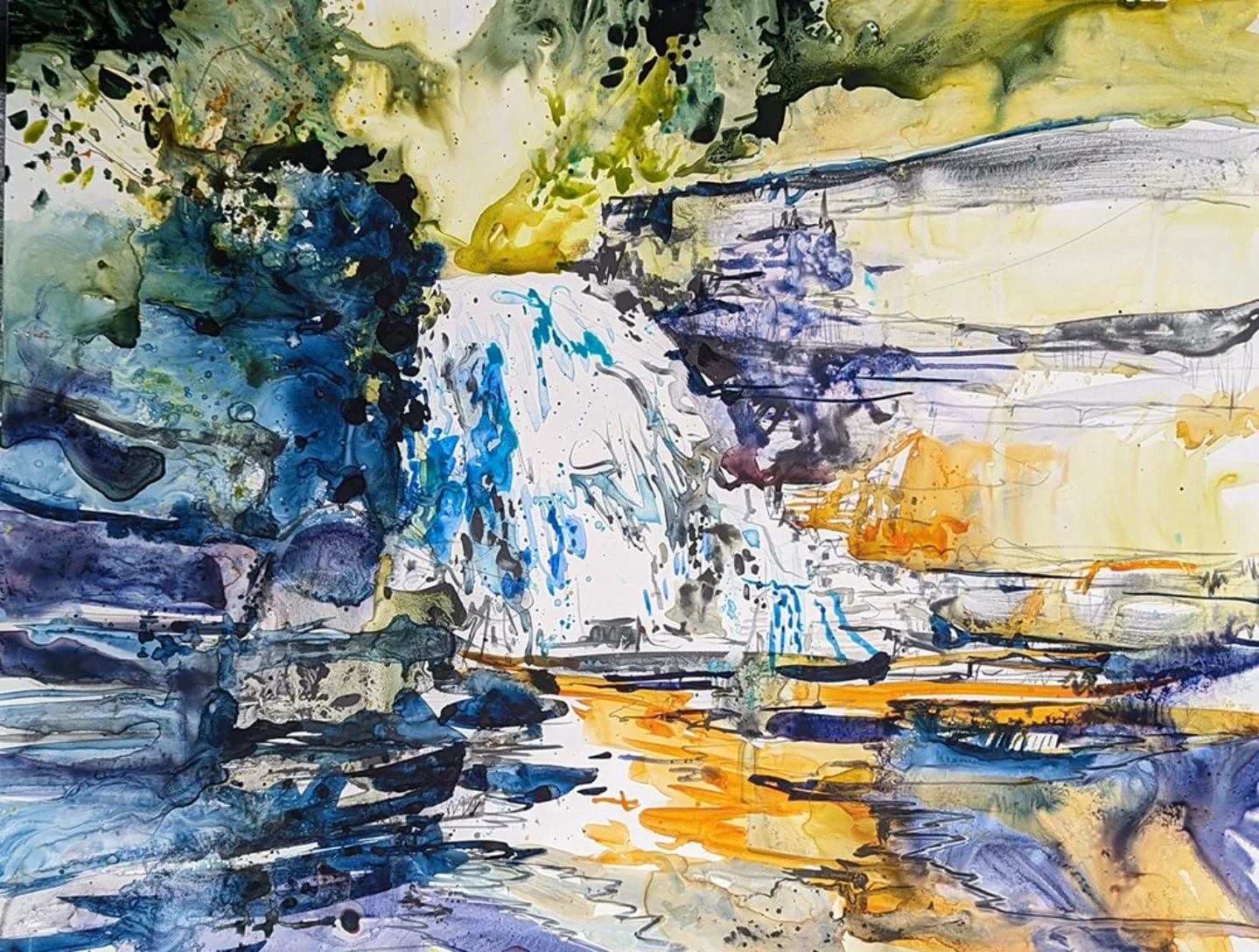 I love the light this painting shares, it fills the room. We need that during these short winter days!
.
Quality Falls, watercolor on Yupo, mounted on panel. 20x 26 inches 
.
 $1299 CAD, approx $930 USD 
.
Offering free North America shipping from no