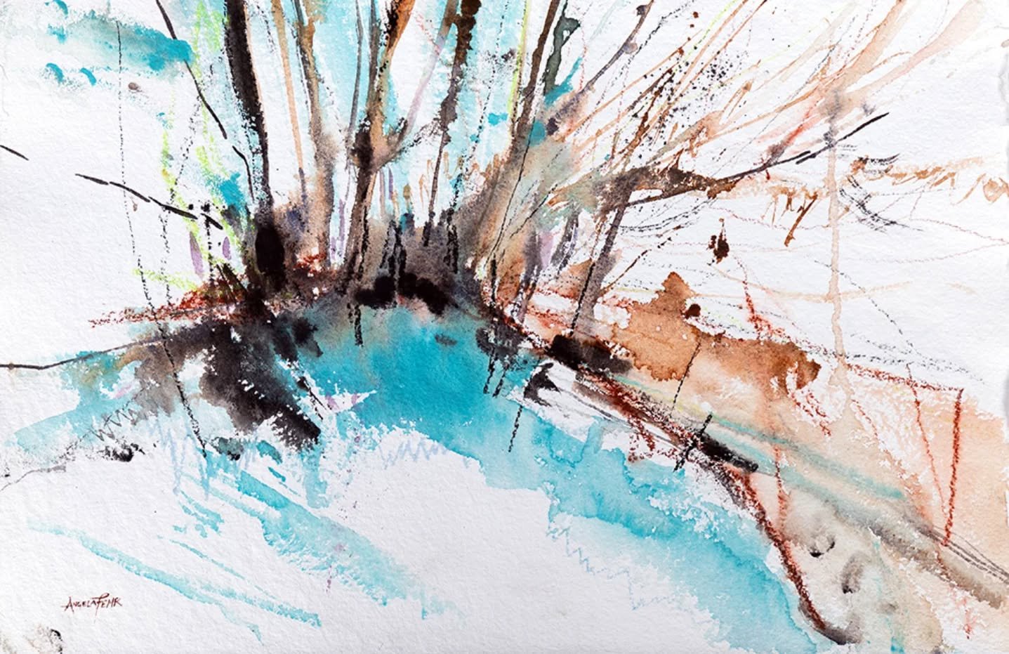 Maybe it's the spareness of a snow covered landscape that makes even a hint of colour just that much more vibrant. 
"Patterns of Relating," watercolour