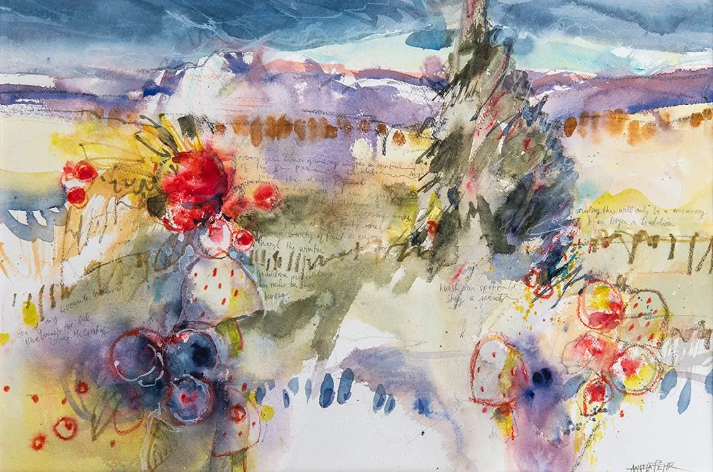 This summer I picked huckleberries in the mountains with my mom and sister. It's a family tradition and one of my favorite places to experience. This painting feels like a journal entry because it kind of is. I wrote notes throughout and really celeb