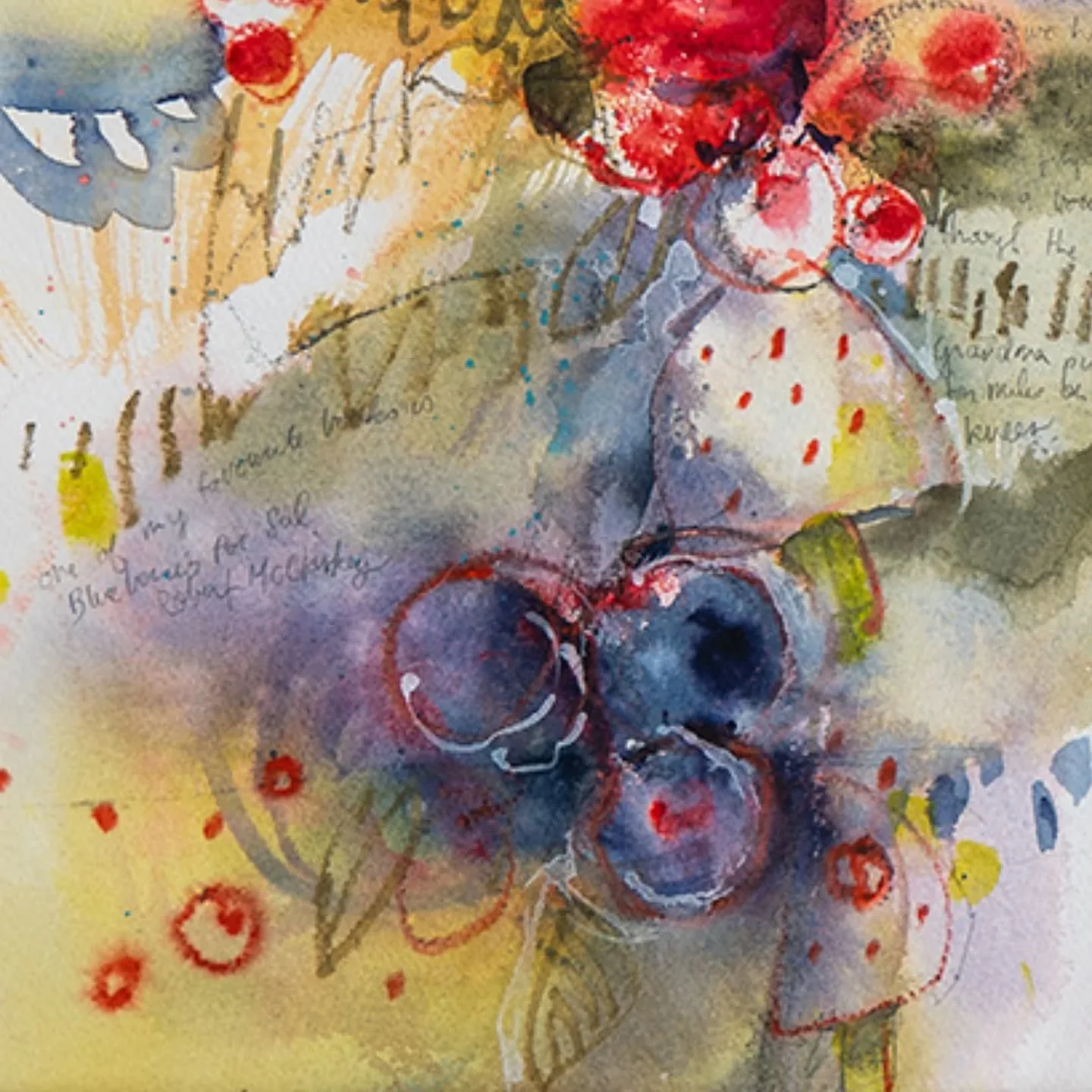 It's the details in this journal style painting that really feel like they matter to me. I've noted one of my favorite children's books, Blueberries for Sale, and written a little bit about our generational history with berry picking. And then there 