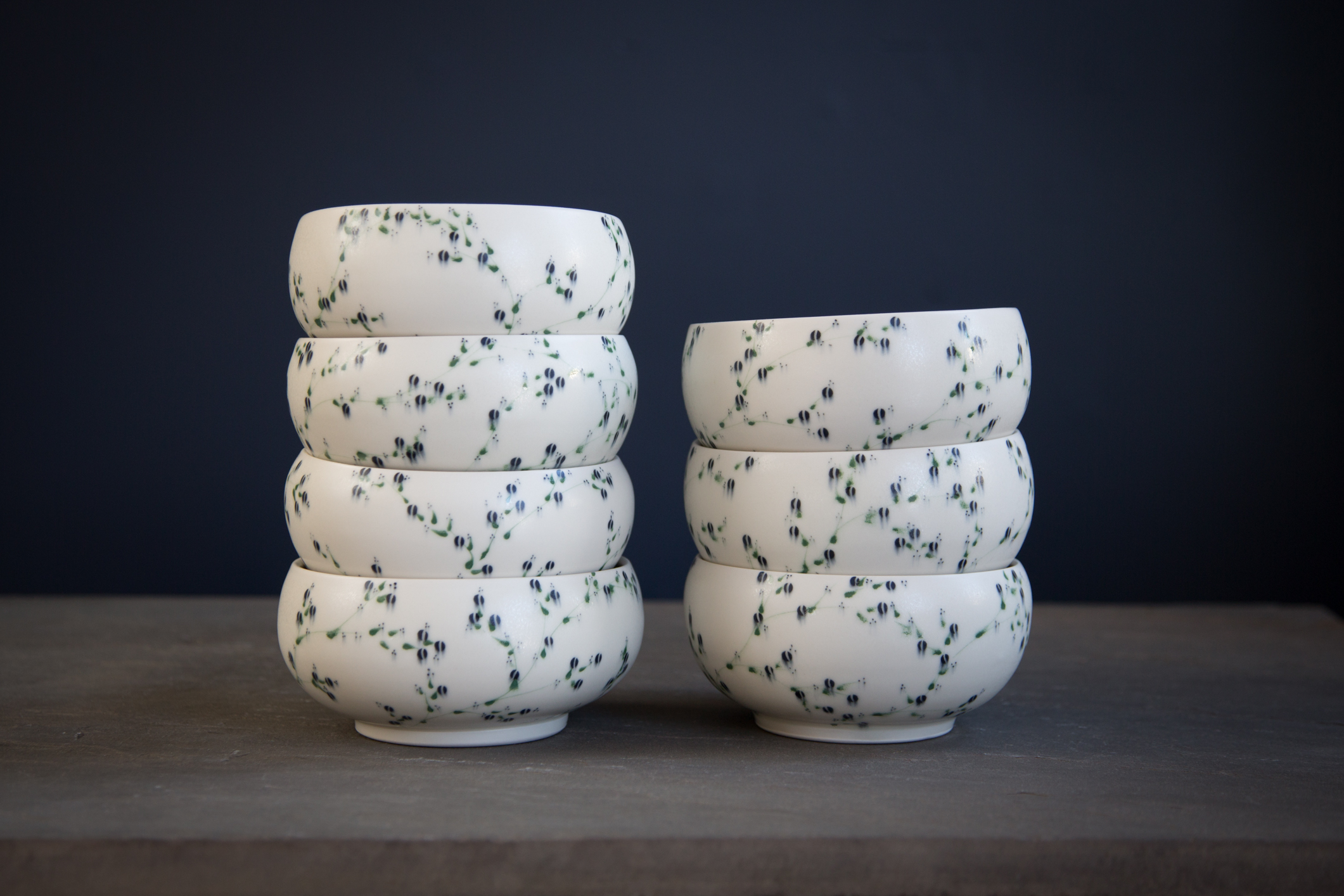 Porcelain Bowls with Green Branches