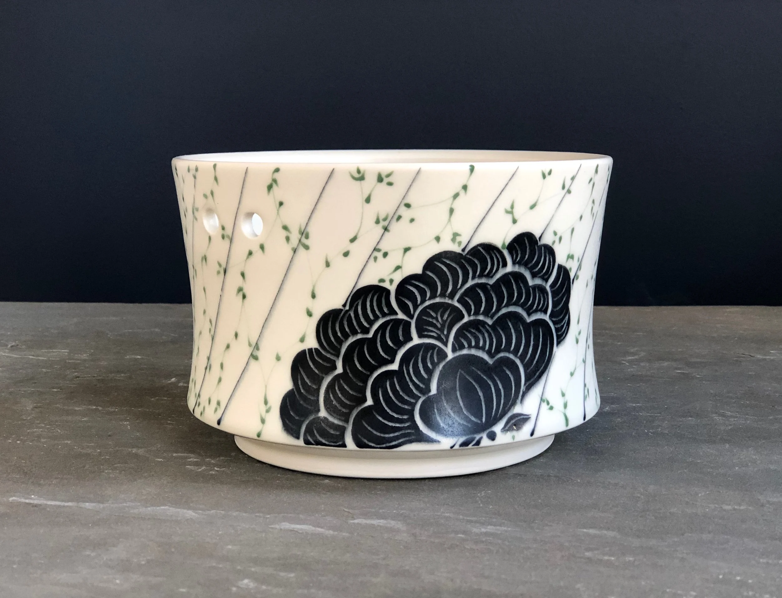 Peony Yarn Bowl with Green Branches