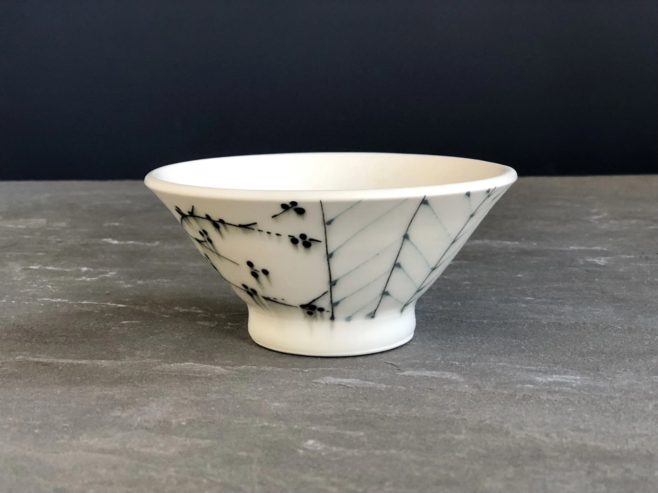 Small Porcelain Bowl with Herringbone and Black Branches