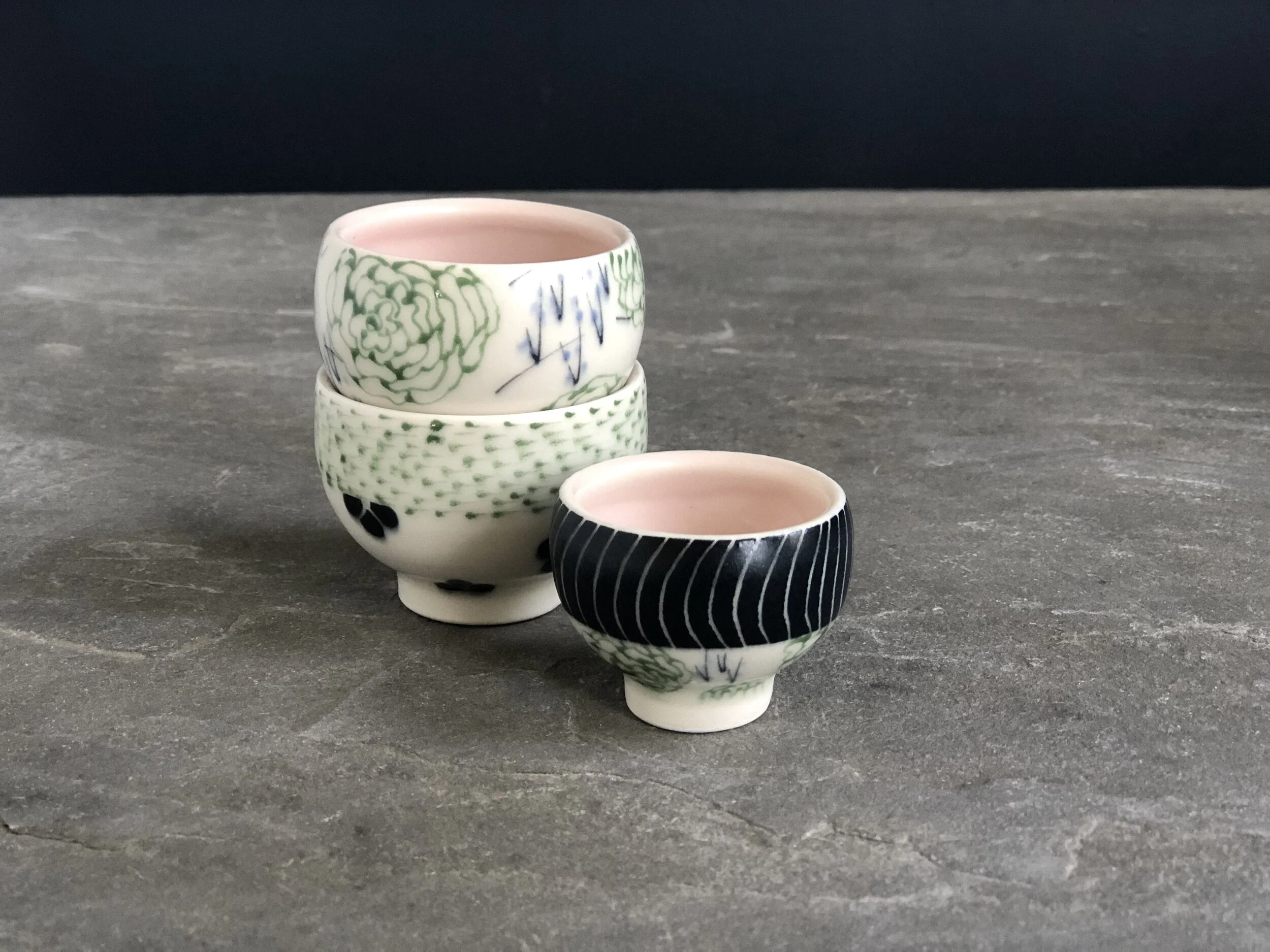 Mini Bowl With Pink Interior, Black Sgraffito Band, and Green Floral