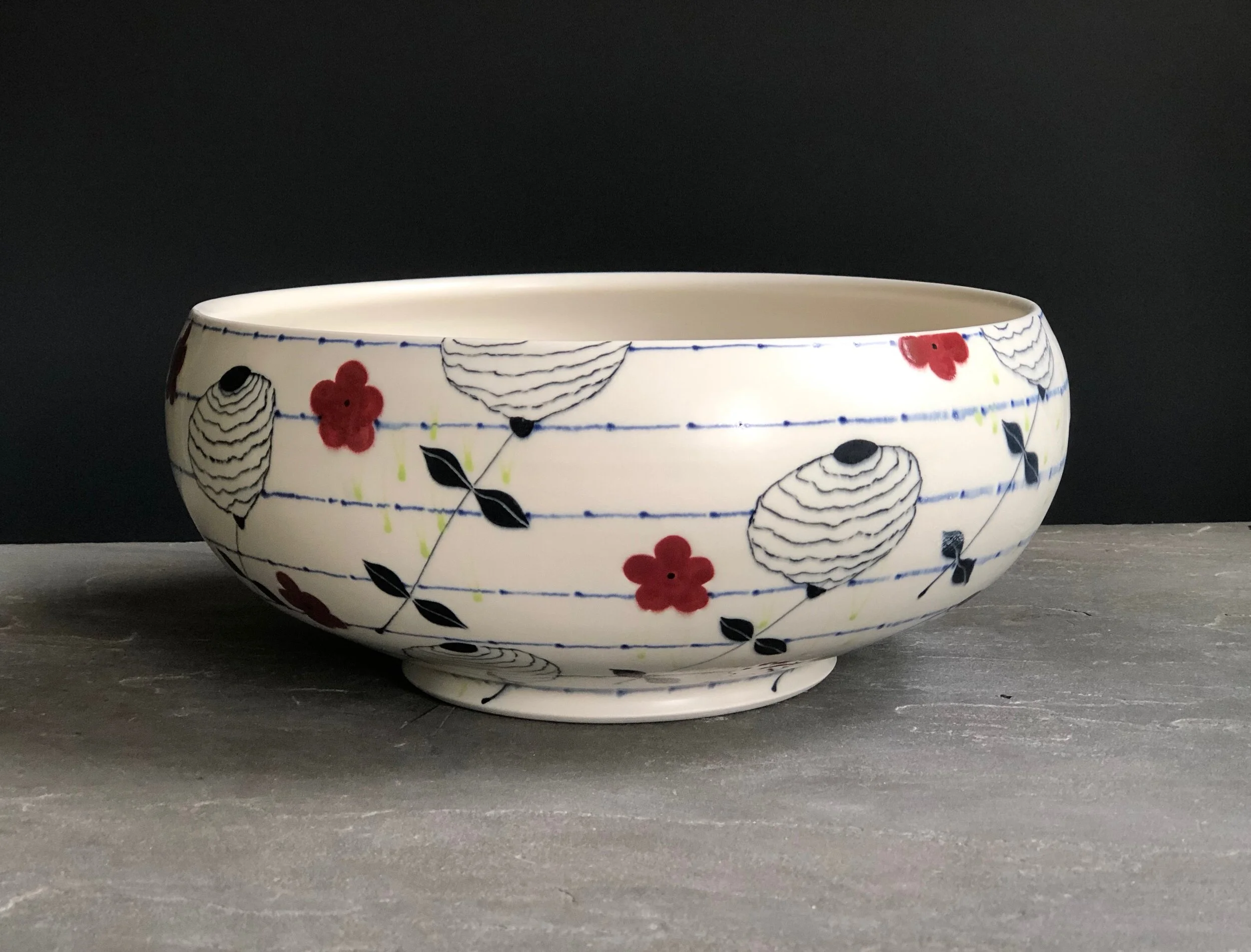 Serving Bowl With Blue Horizontal Bands, Red Blossoms, and Abstract Contour Floral 