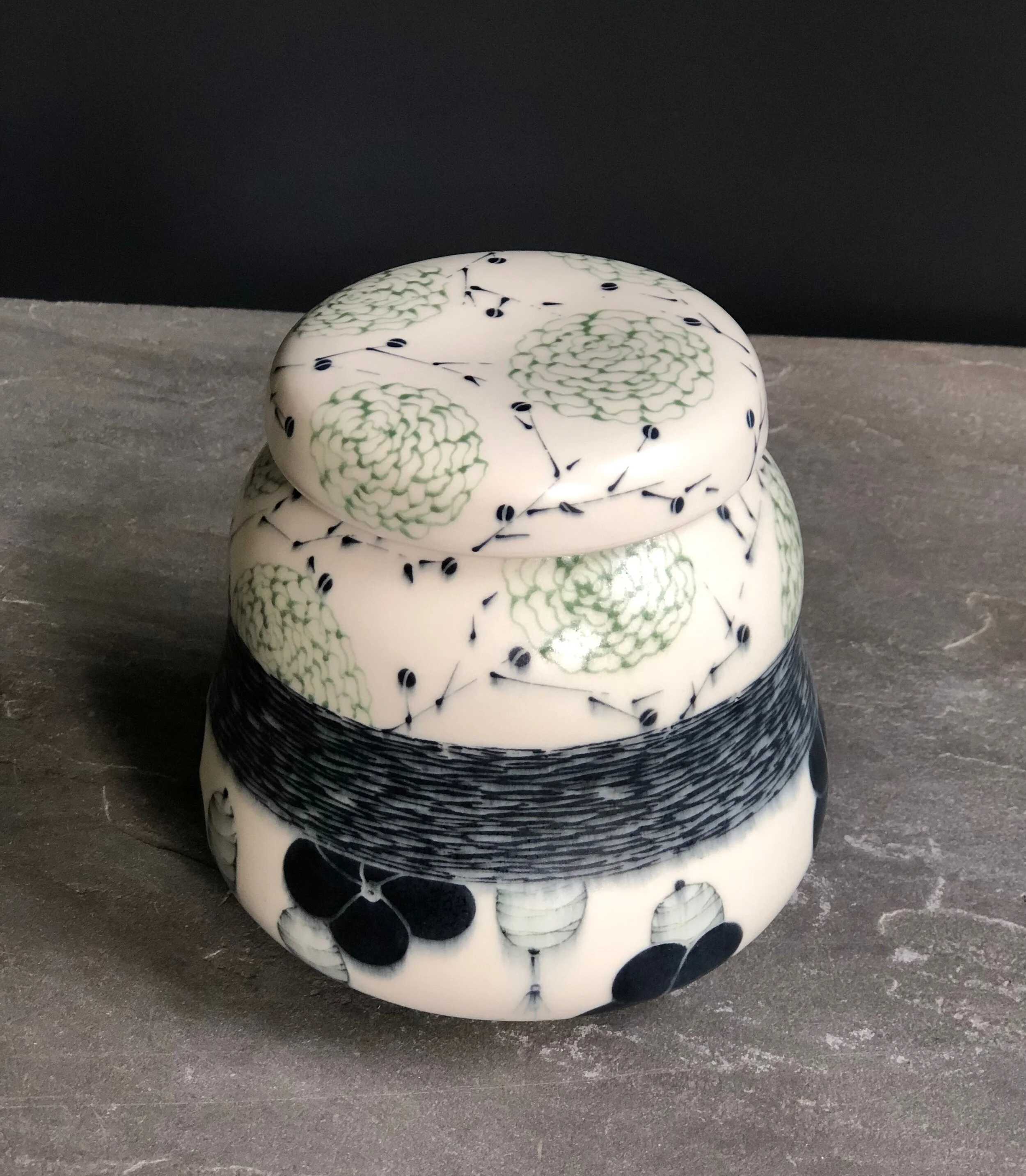 Ginger Jar with Green Chrysanthemums, Lanterns, Black Blossoms, and Sgraffito Band