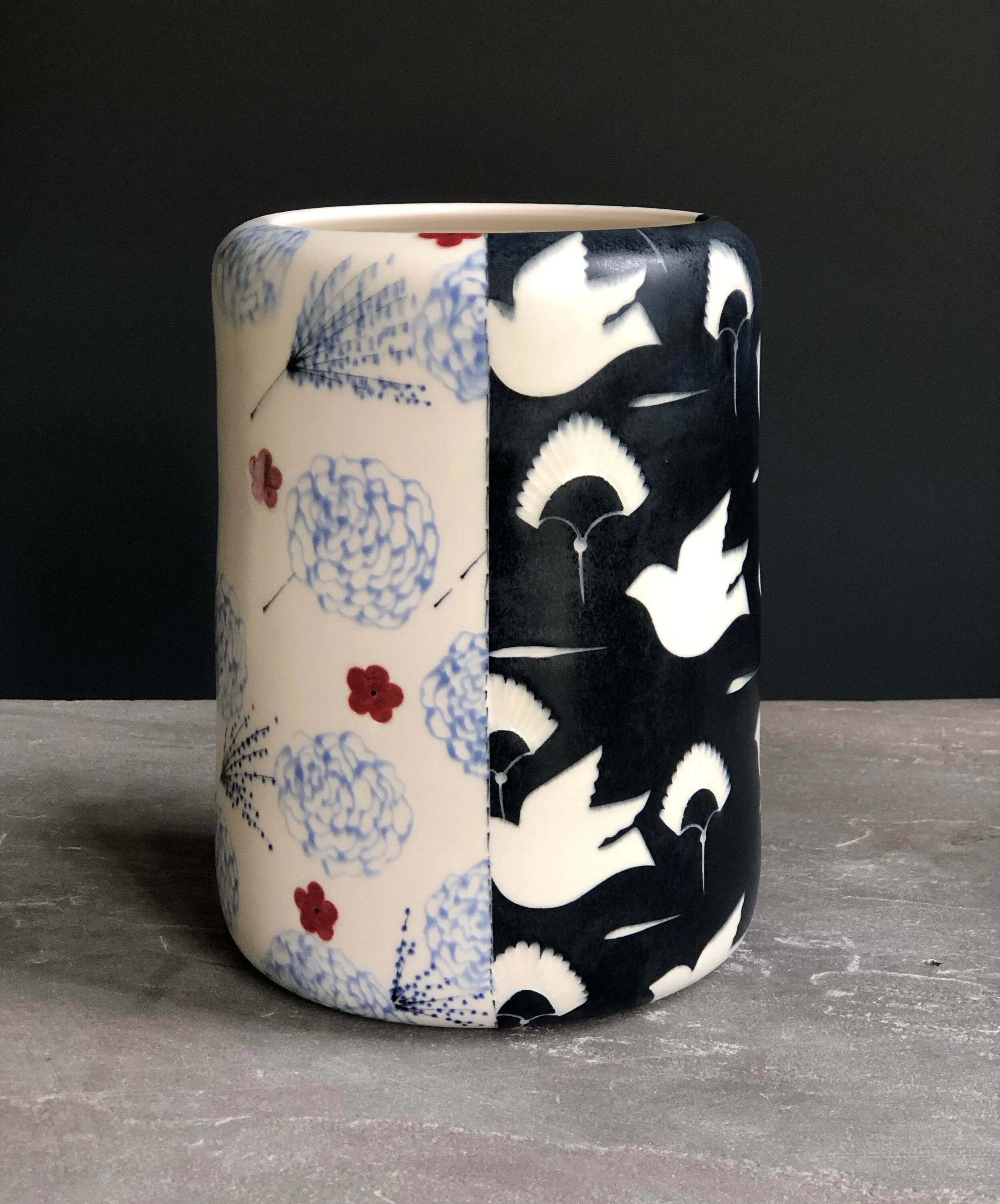 Vase with Doves and Blue Dandelions 