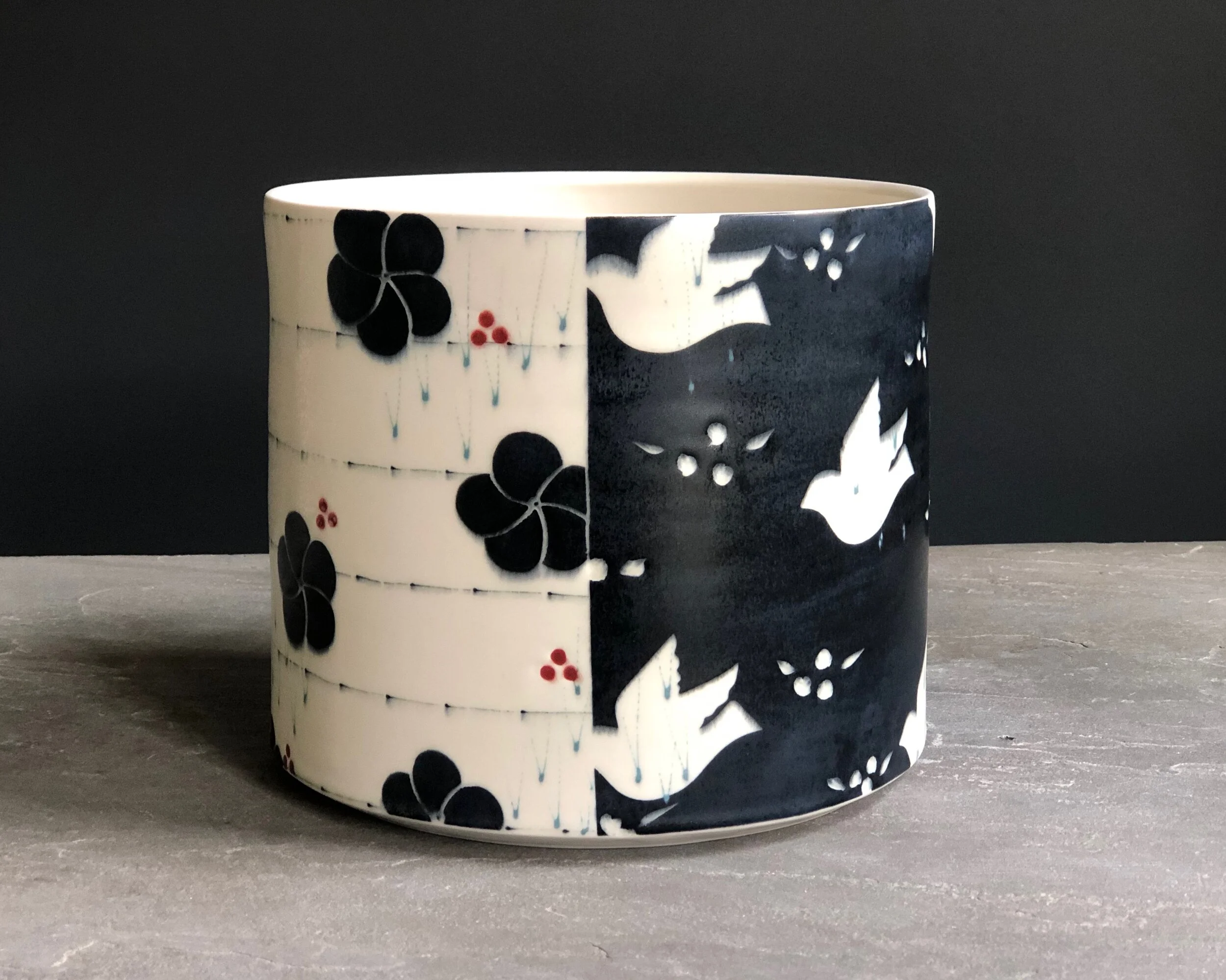 Cylinder Vase With Doves and Black Blossoms