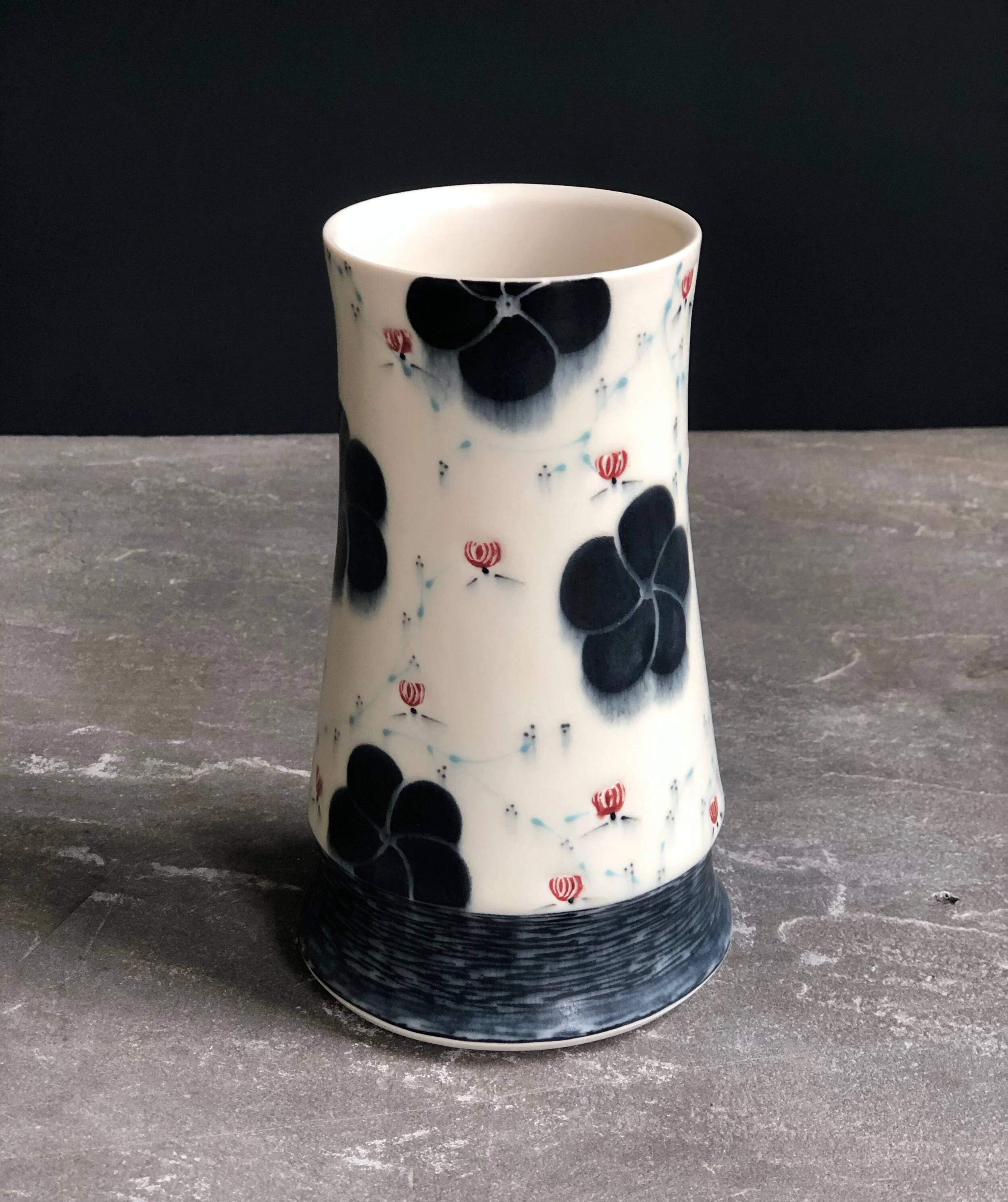 Vase With Black Blossoms and Blue Branch Floral 