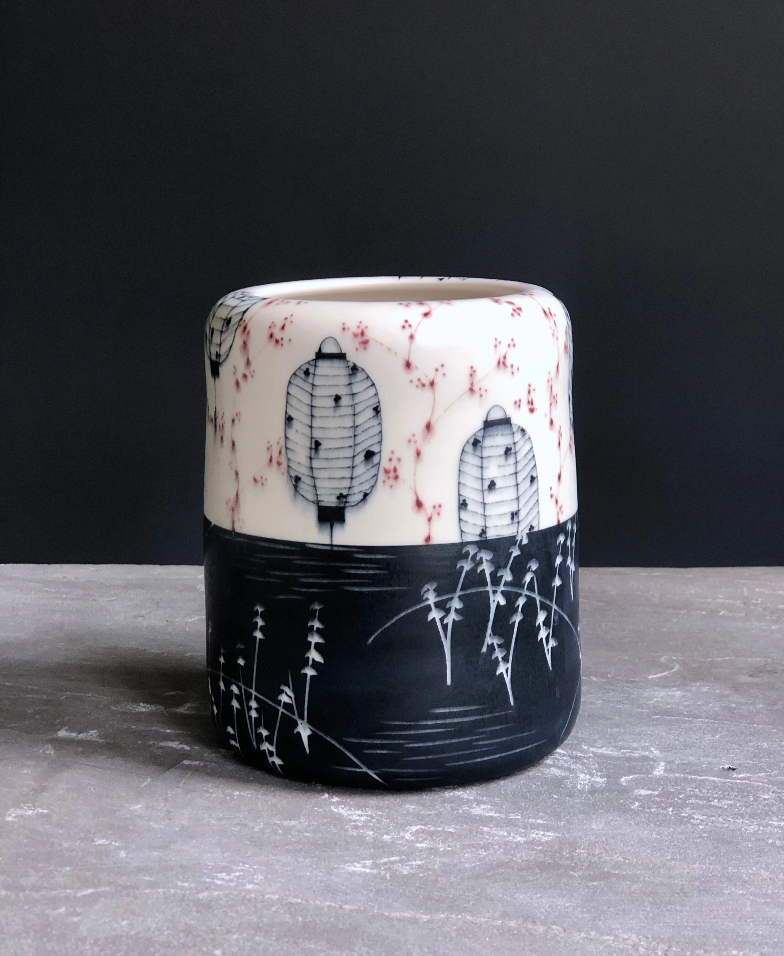 Vase With Lanterns and Sgraffito Grasses