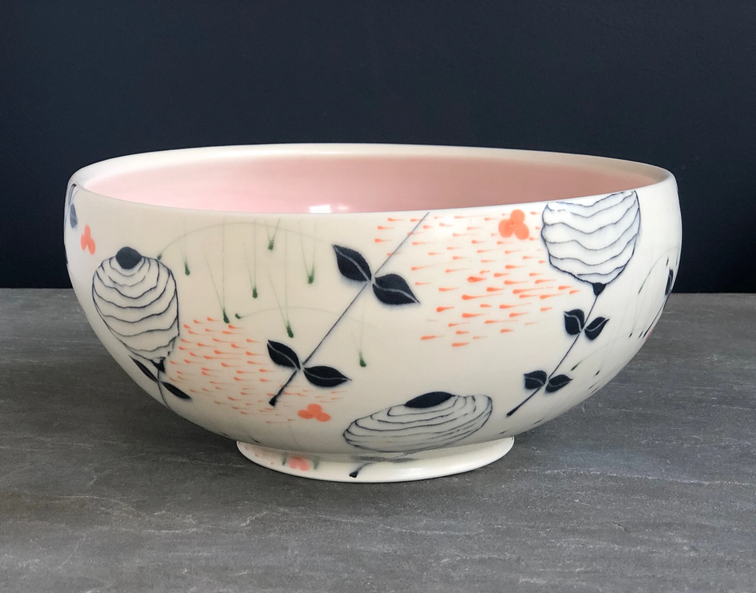 Serving Bowl With Pink Interior and Abstract Contour Flower