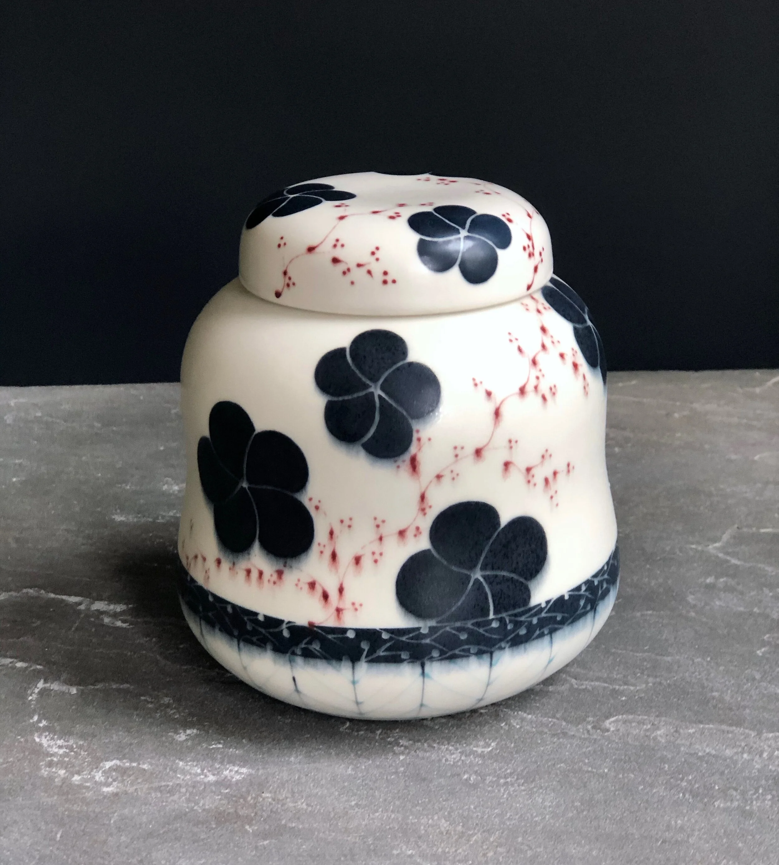 Ginger Jar With Herring Bone Base, Black Blossoms, and Red Branches