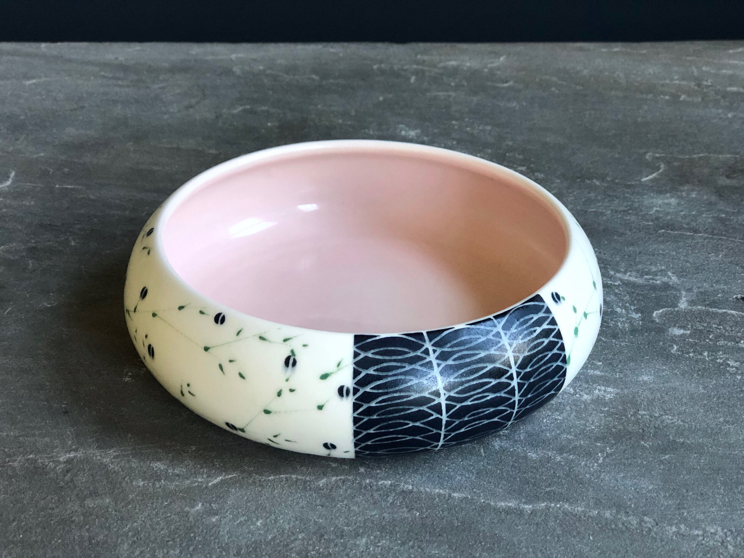 Low Vessel With Pink Interior, Green and Black Floral 