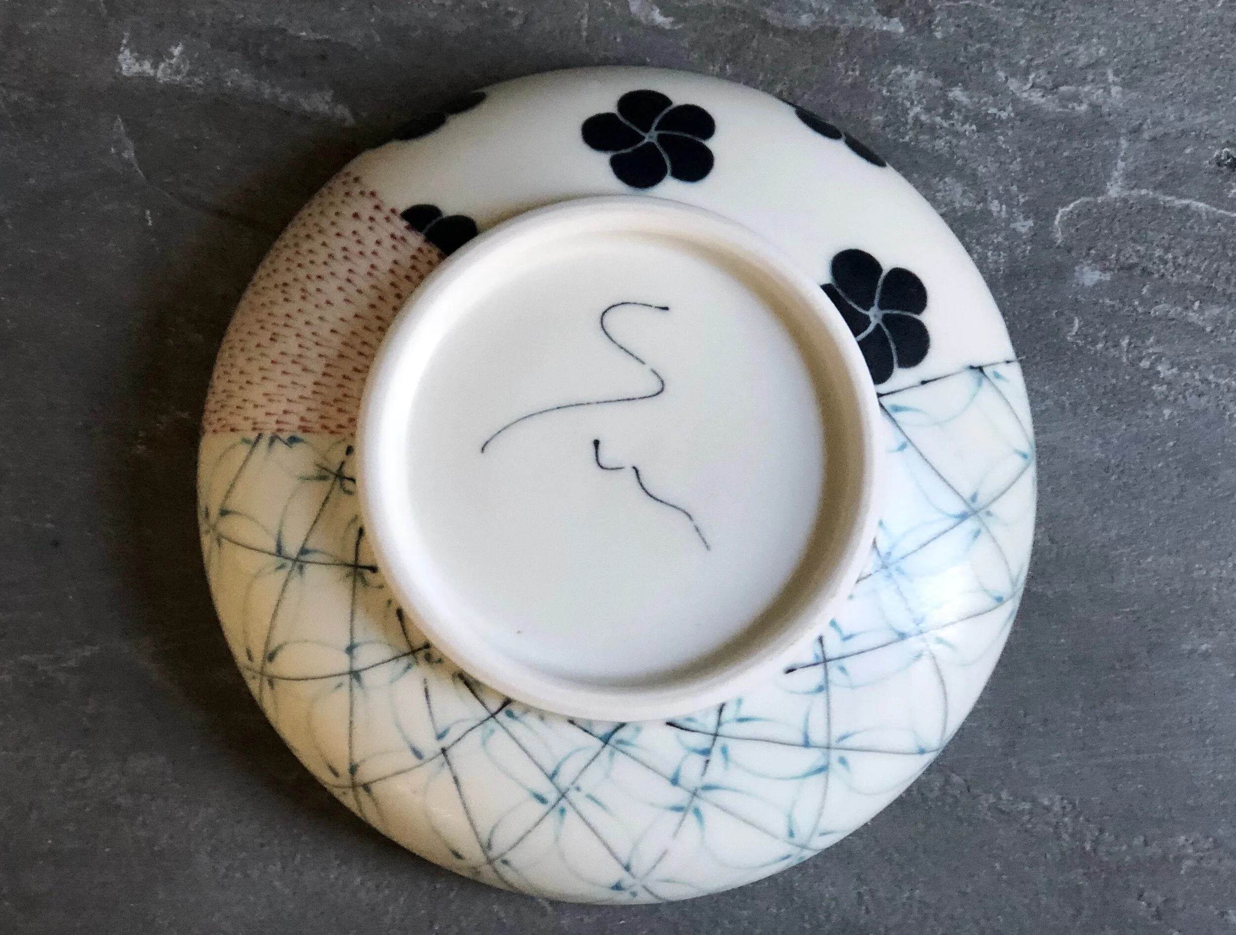 Bowl With Red Droplets, Black Blossoms, and Geometric Pattern 