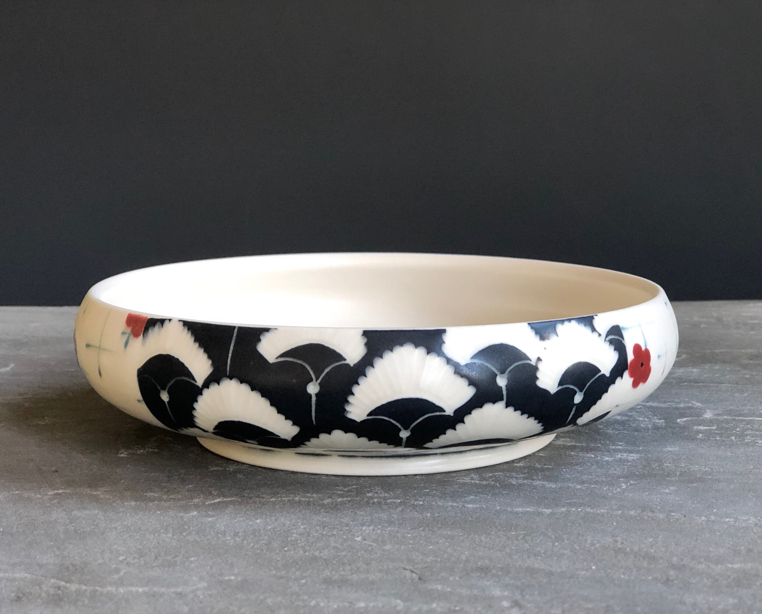 Shallow Bowl with Sgraffito Fan Flowers and Red Blossoms