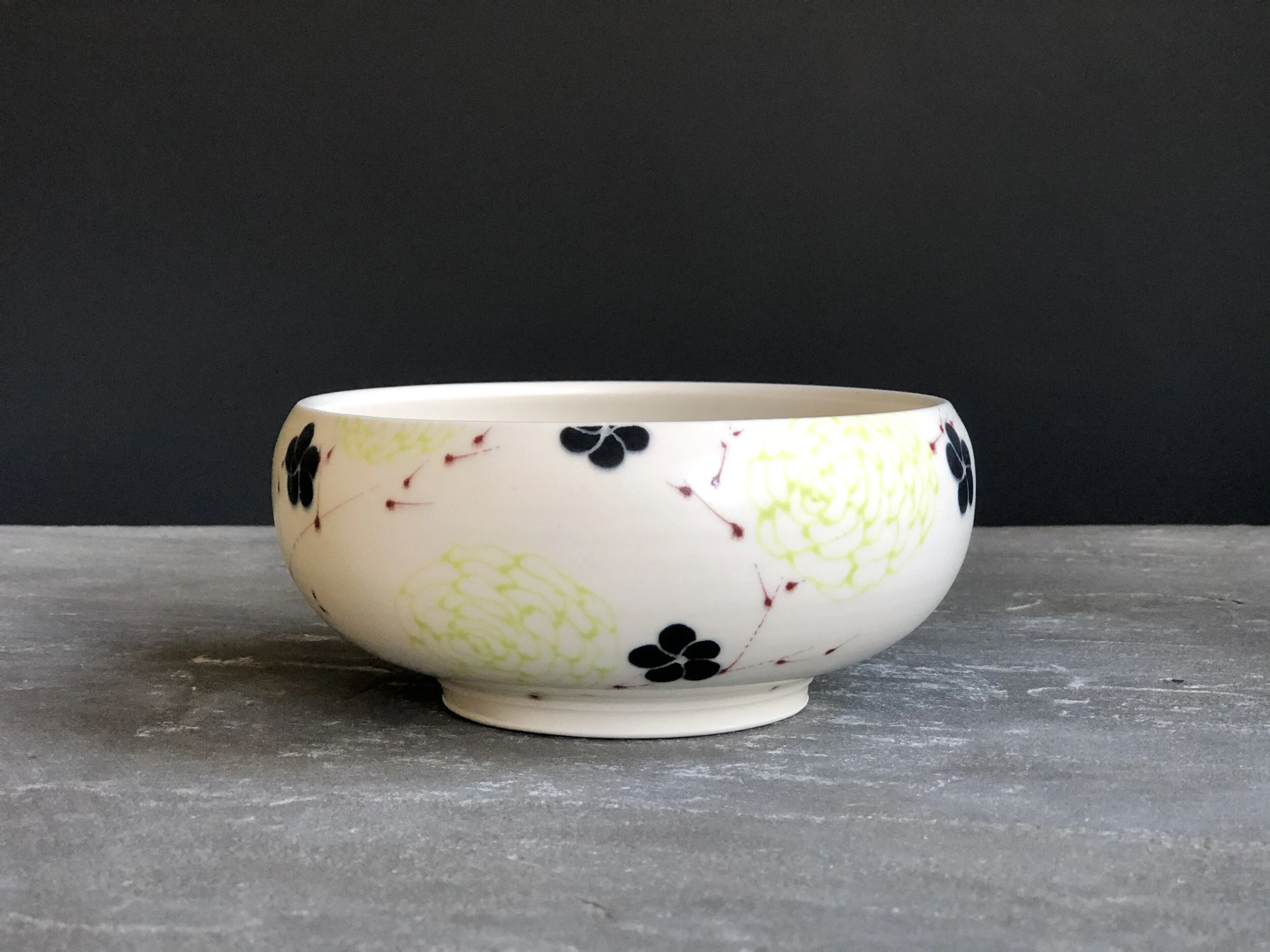 Bowl With Chartreuse Floral, Red Branches and Black Blossoms