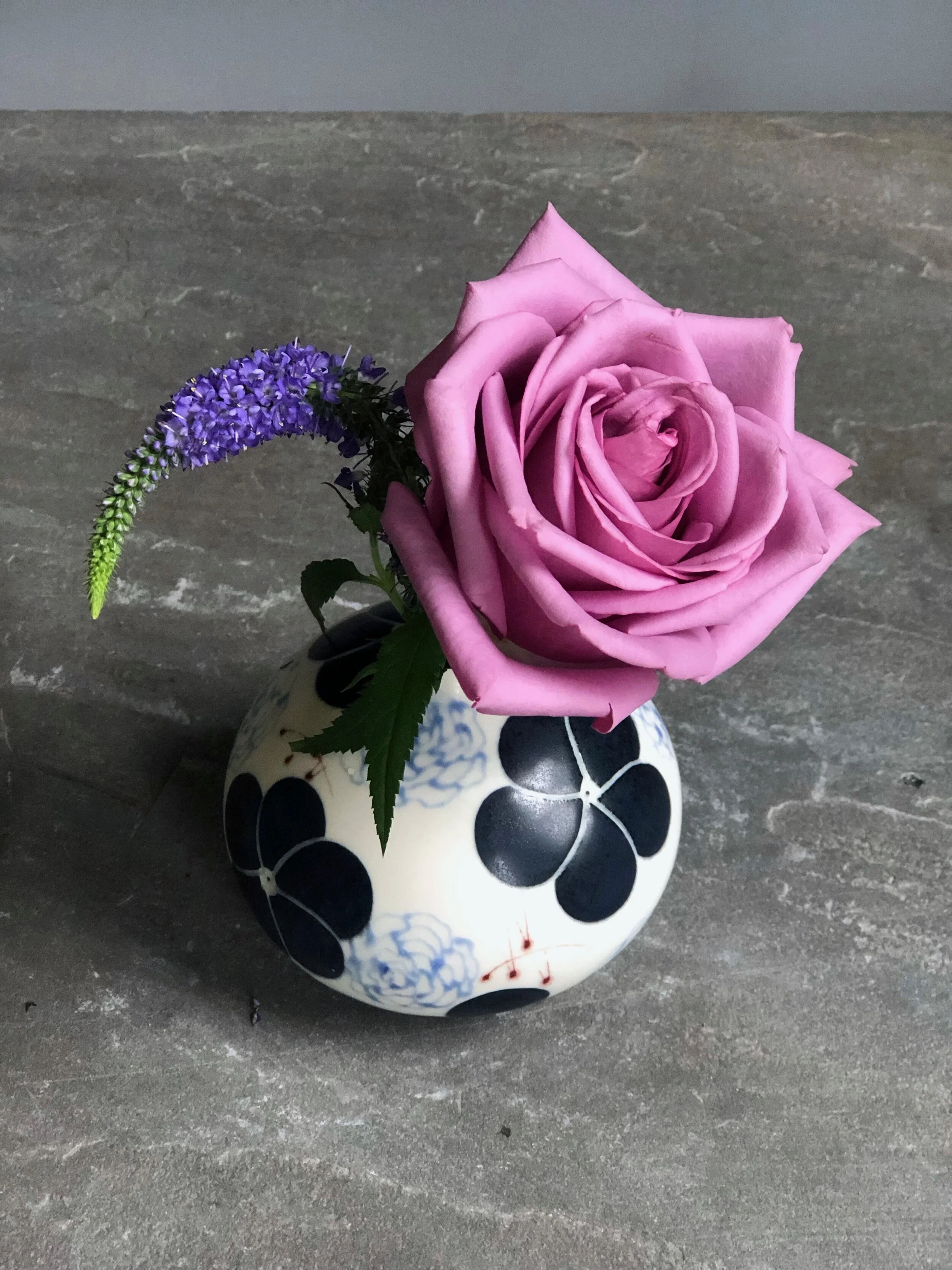 Round Bud Vase with Black Blossoms 