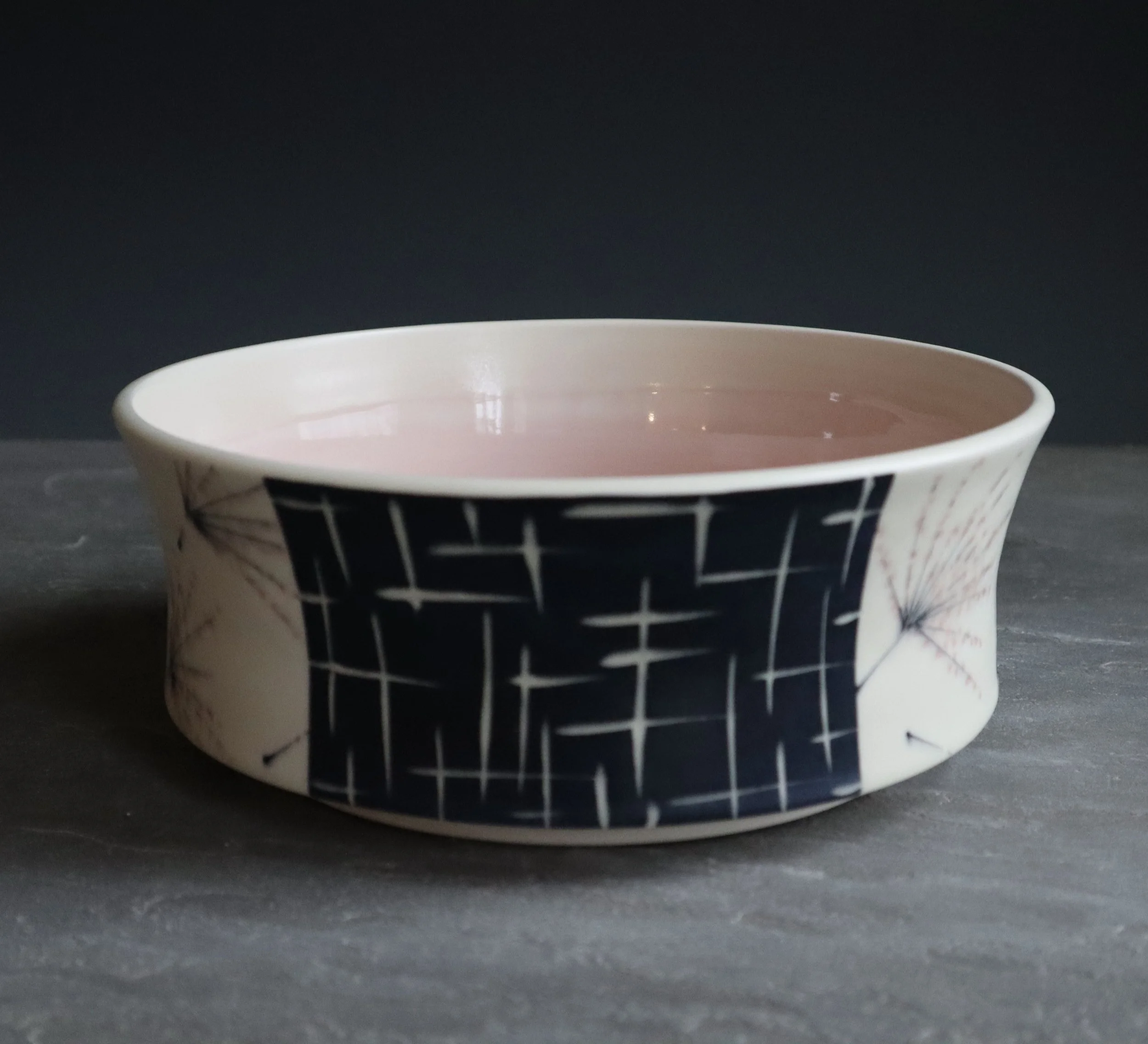 Porcelain Serving Bowl with Pink Dandelions