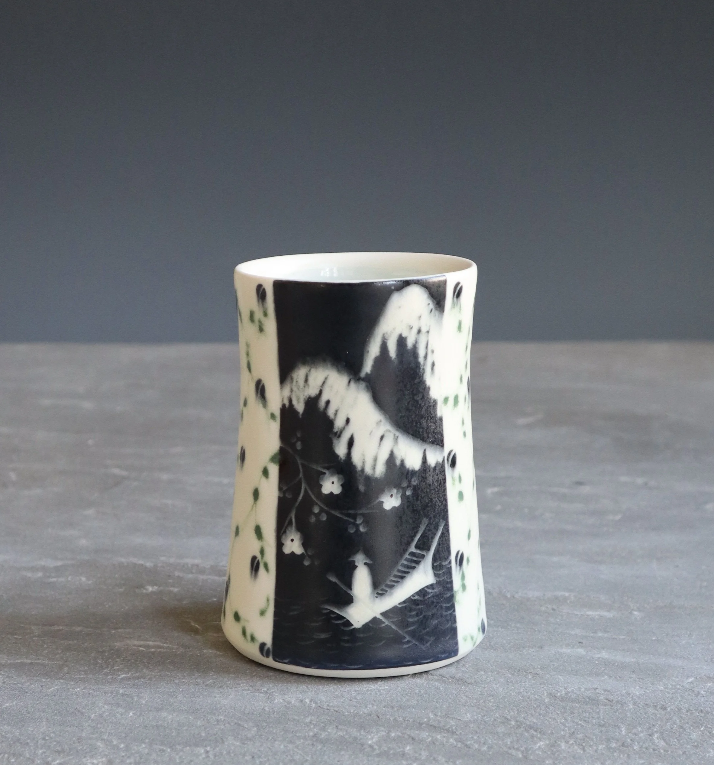 Mountains and Boat Mug with Green Branches