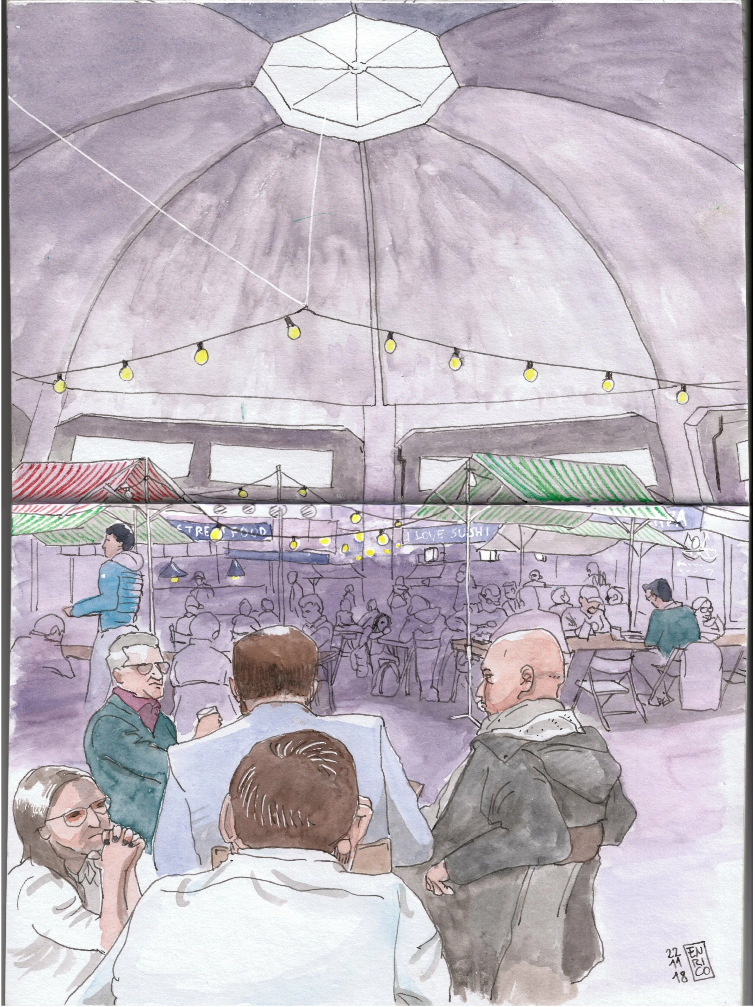 Lunchbreak at Markthalle, lot of people, lot of food choices. After sketching this, my clothes were smelling like fried food...
