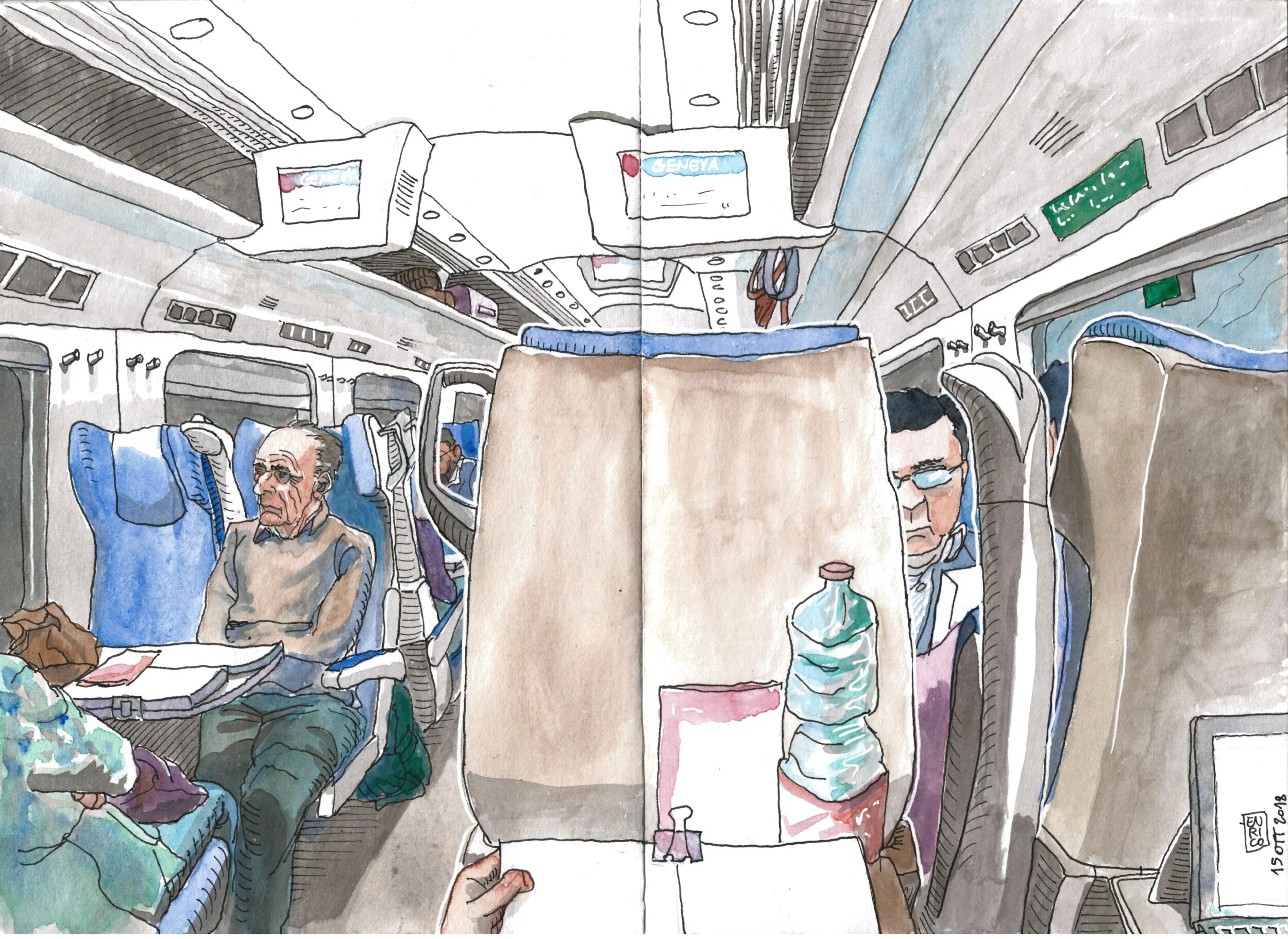 Returning from a weekend in Italy. It is difficult to draw on a moving train! Wobbling lines a shaking surface. Not to mention the passenger that keep changing position...