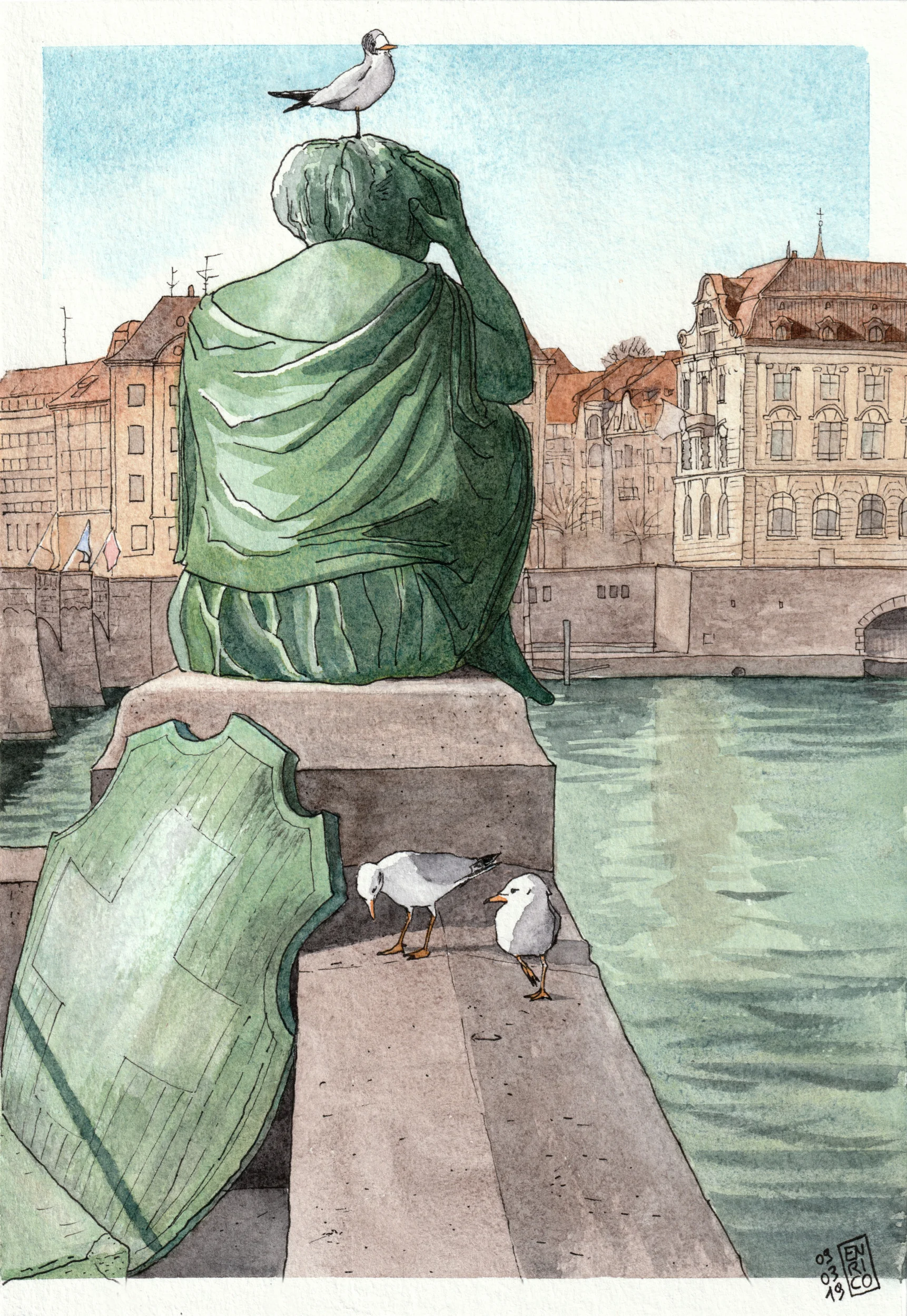The view of the Rhine from the statue of Helvetia, with Les Trois Rois Hotel in the background. This is a bigger format painting I did for a friend of mine that lives in NY and misses Basel.