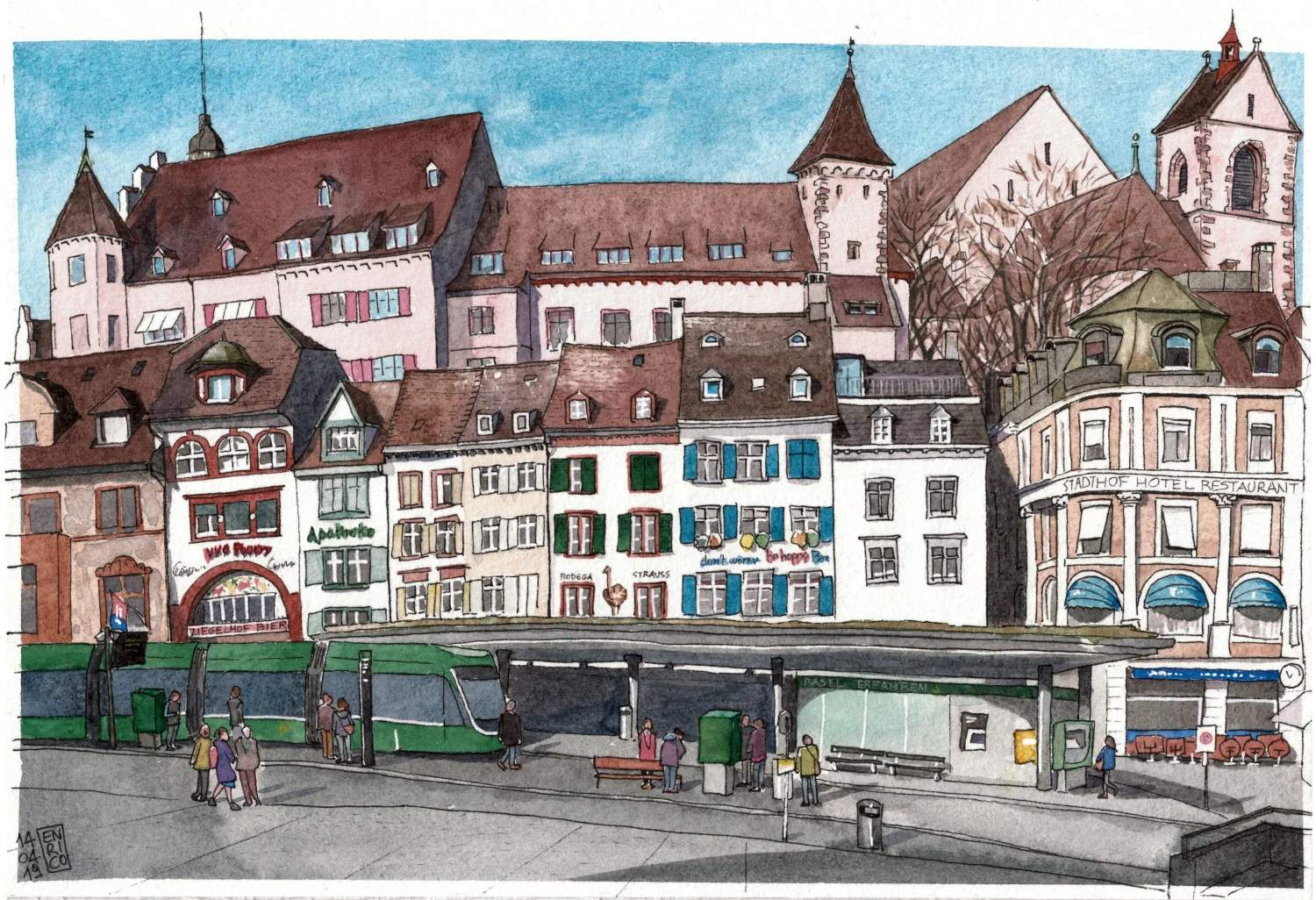 This is a commission for a friend's grandmother. She liked Basel trams. This is the tram stop in Barfusseplatz, always very busy. Behind various restaurants and bars facing the square, the Lohnhof is towering, former monastery, former prison, now museum/hotel/jazz club.