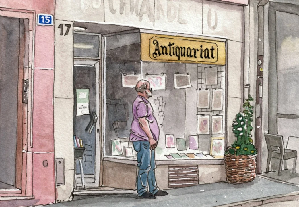 The antiquity shop and its owner - This is the hero of the story, in front of his shop, unknowingly drawn by me few days later when i returned to the area.