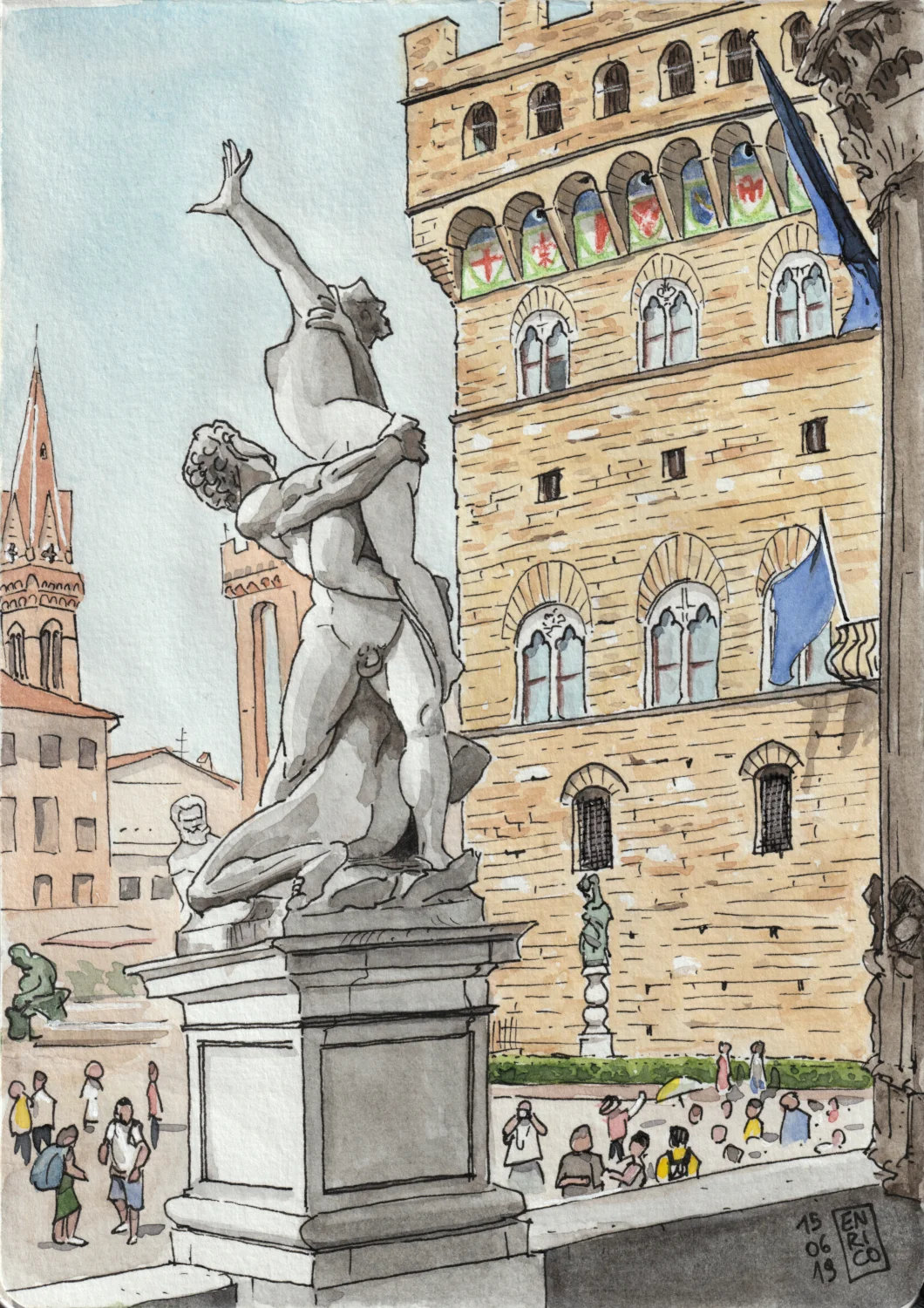 I sat under the Loggia dei Lanzi, in Piazza della Signoria, and I sketched the view from behind the Rape of the Sabine Women. This statue is unbelievable, beautiful from every side.