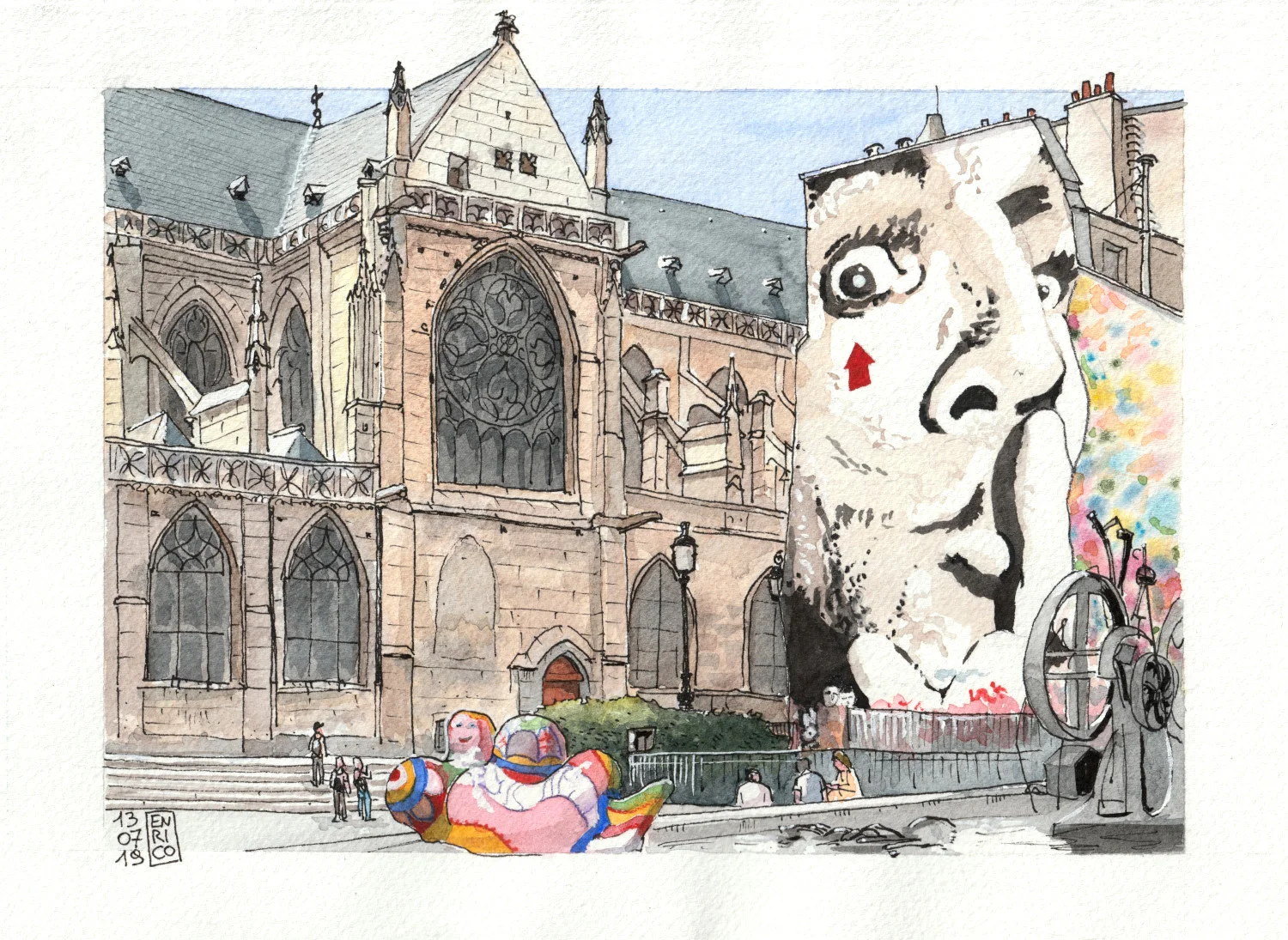 Just beside Centre Pompidou in Paris, there is an amazingly diverse square: the gothic church of Saint-Merri, a big murales with moustacheless Dali', a fountain with Tinguely machines and Niki de Saint Phalle colorful figures. I got to sit and sketch there, while my friends visited the museum.