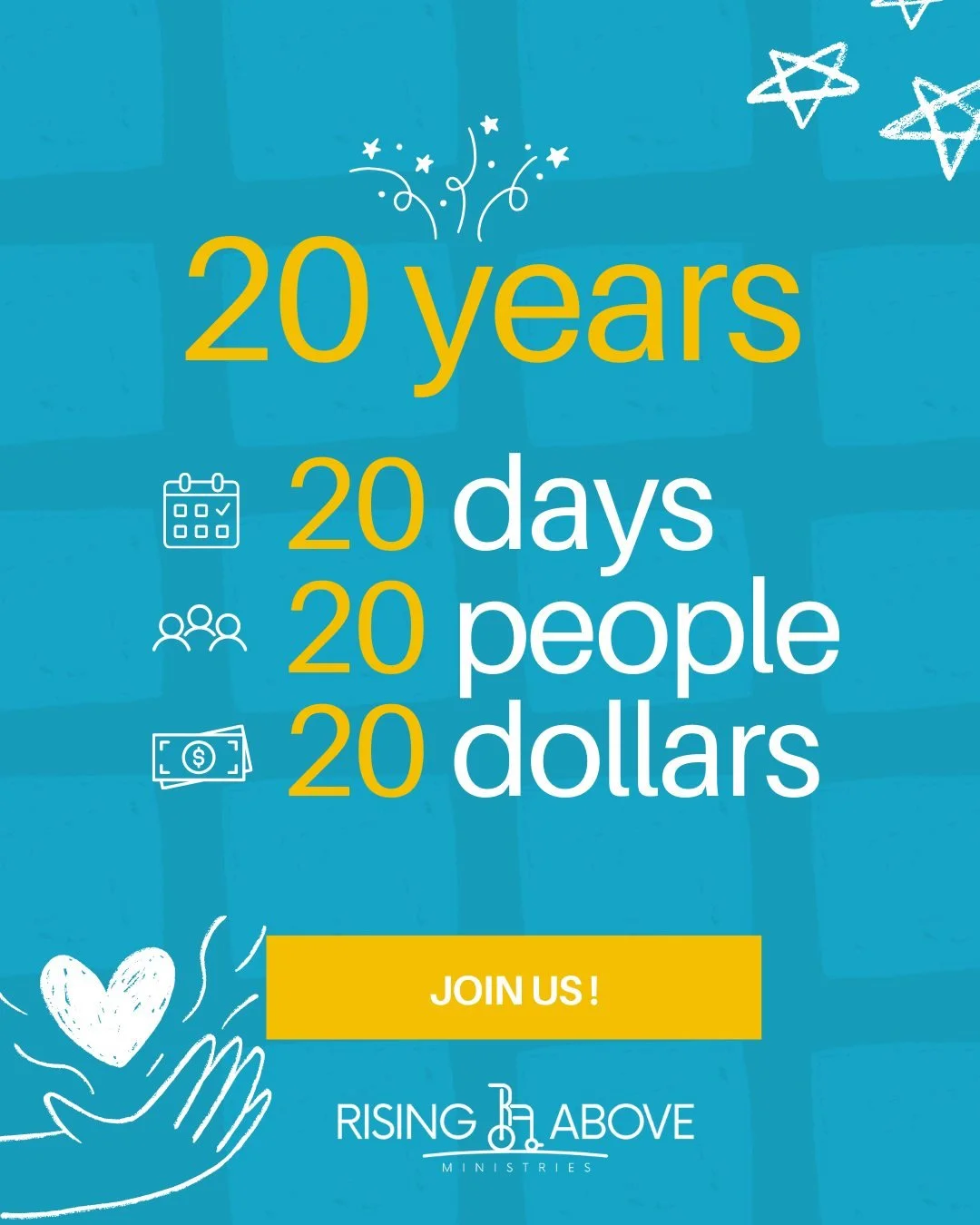 WE'RE CELEBRATING 20 YEARS OF MINISTRY&mdash;AND WE WANT YOU TO BE PART OF IT! 🎊🤩

Tomorrow begins our campaign! Wherever you are around the world, if you've been impacted by the resources and support offered by Rising Above, we would love to invit