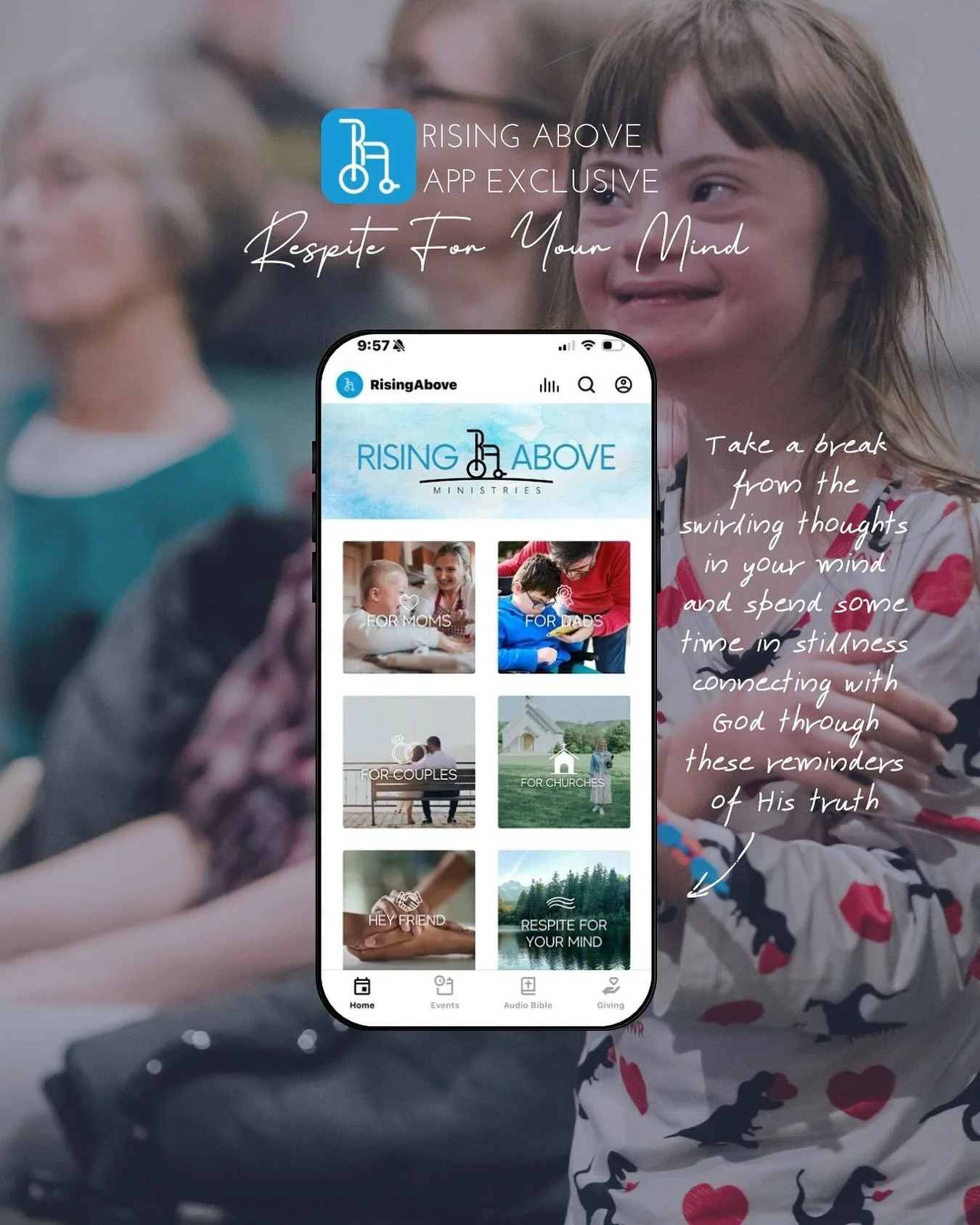 A quiet moment for a busy mind because even caregivers need care✨ 
Download the Rising Above App and find encouragement waiting for you today🩵
&bull;
&bull;
&bull;
#SpecialNeedsParent #RespiteForYourMind #FaithForTheJourney #SpecialNeedsMom #Special