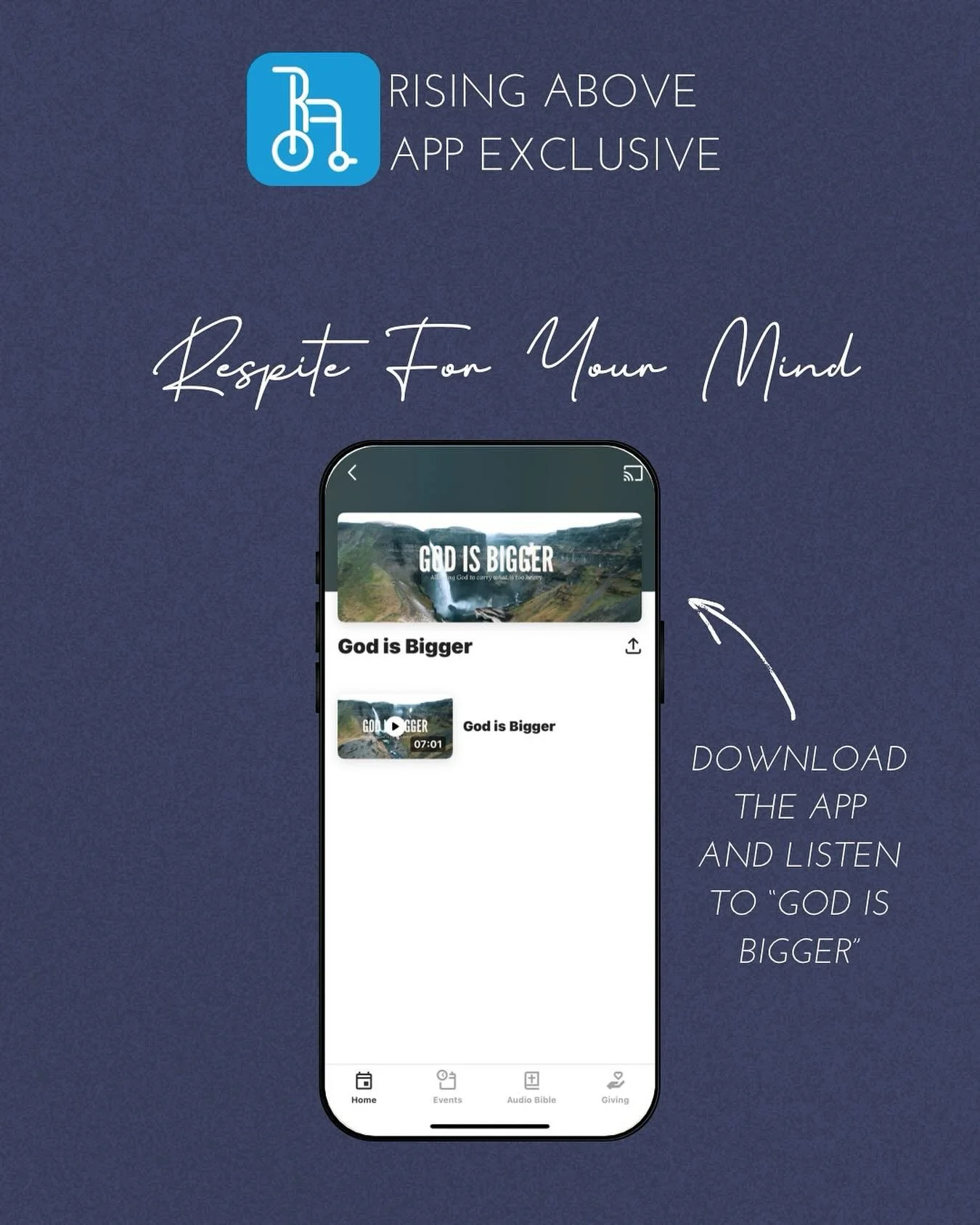 ALL NEW &ldquo;Respite for Your Mind&rdquo; now on the Rising Above App!

As a parent or caregiver of someone with special needs, we know how important it is to pause and give your mind a moment to breathe. These quiet moments of rest matter.

Our ne
