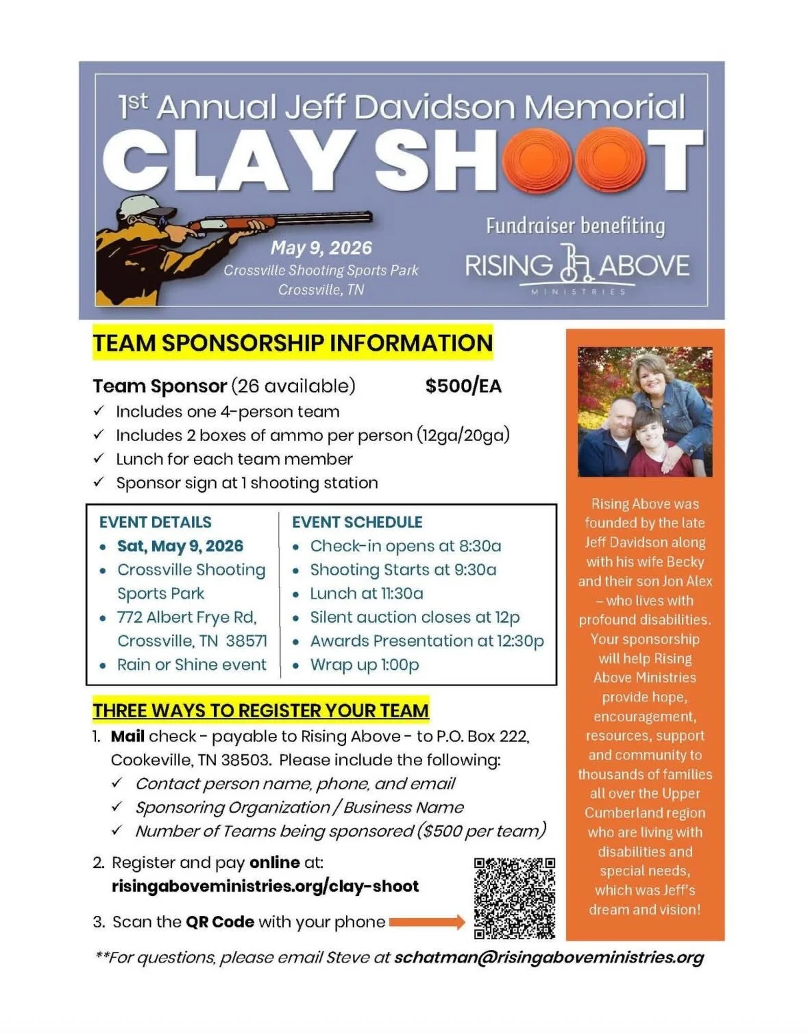 We&rsquo;re excited to announce the 1st Annual Jeff Davidson Memorial Clay Shoot&mdash;a day of fun, community, and impact you won&rsquo;t want to miss! 🎯

Join us on Saturday, May 9, 2026 at Crossville Shooting Sports Park for an incredible fundrai